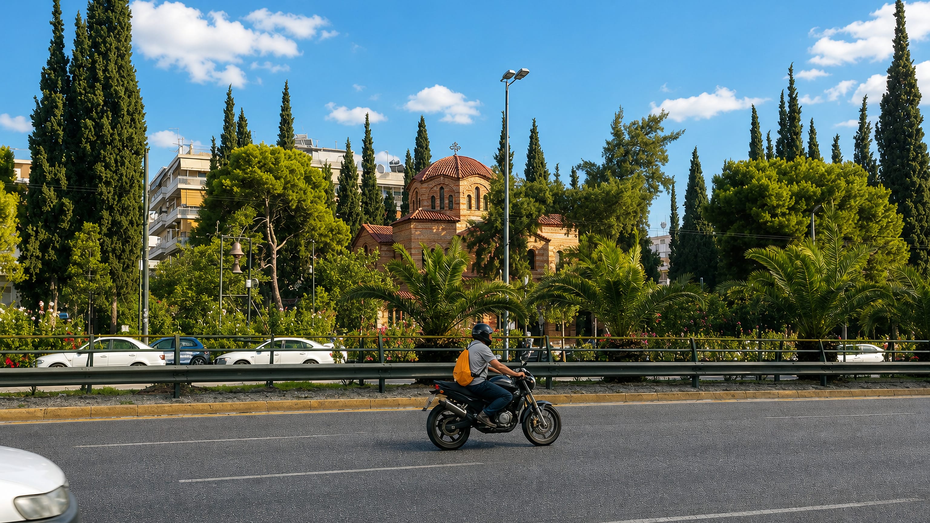 Byzantine-style brick church behind cypress trees on a main road in Néa Smýrni, Athens.