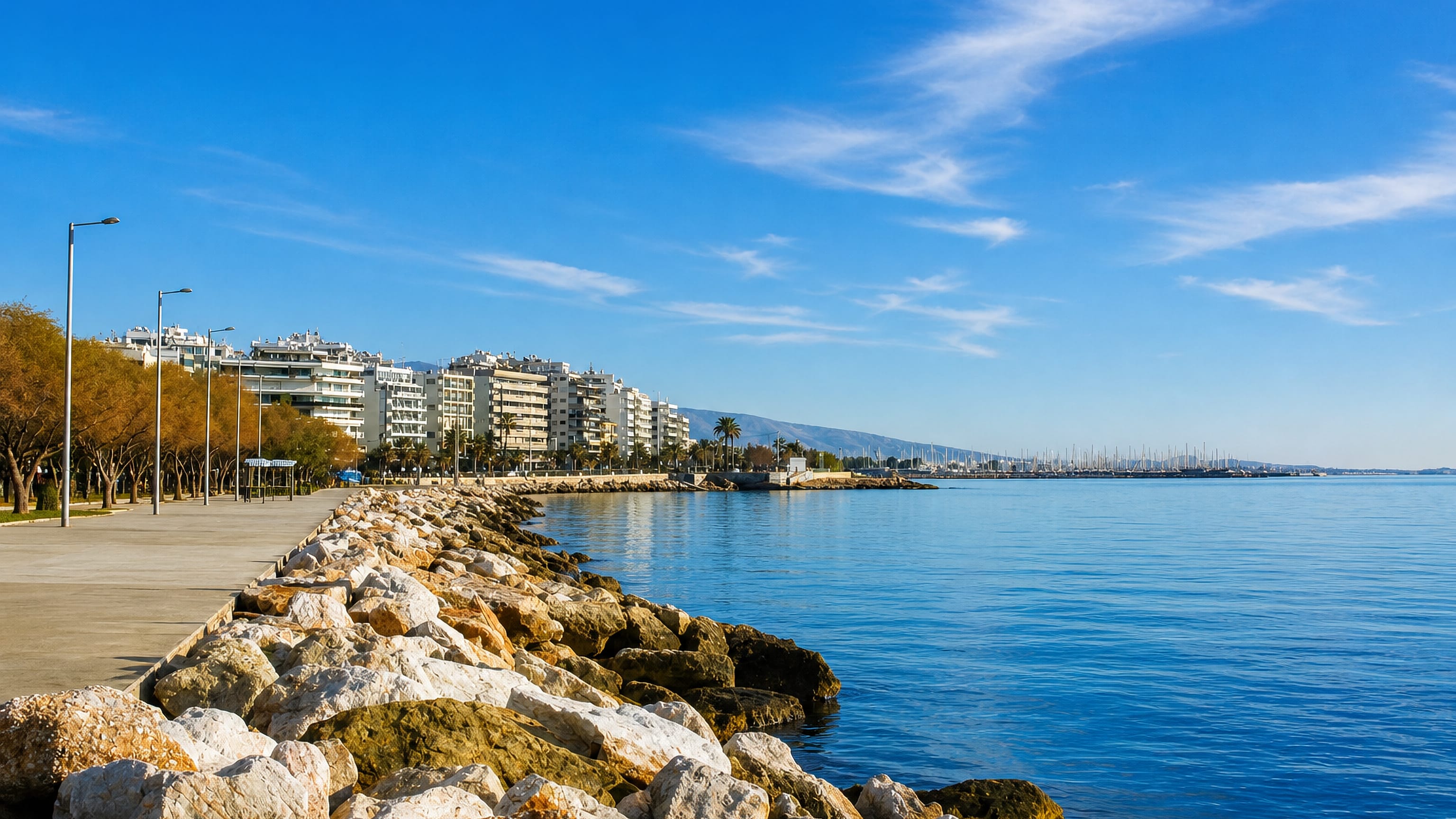 Seafront promenade and rocky breakwater below waterfront apartment blocks and marina masts at Palaio Faliro.