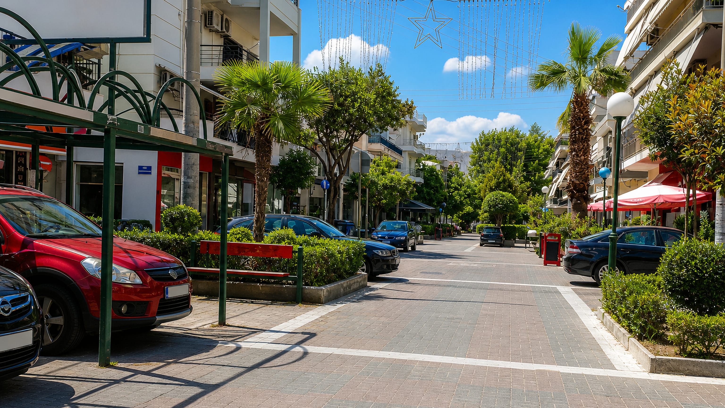 Palm-lined pedestrian shopping street with cafes and apartment blocks in Peristeri, Athens.