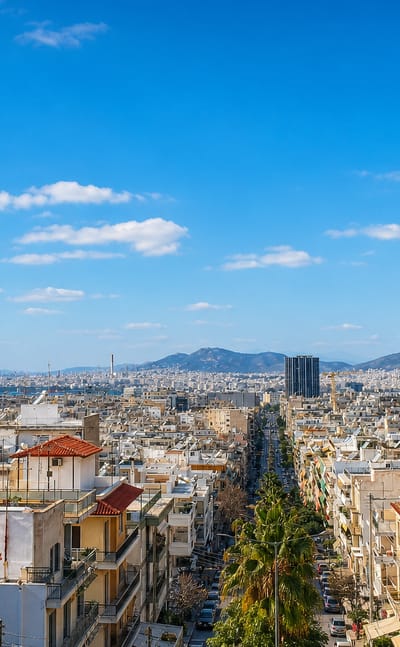 Rooftops of Piraeus stretching toward the port and Saronic Gulf, with the Piraeus Tower rising mid-city.