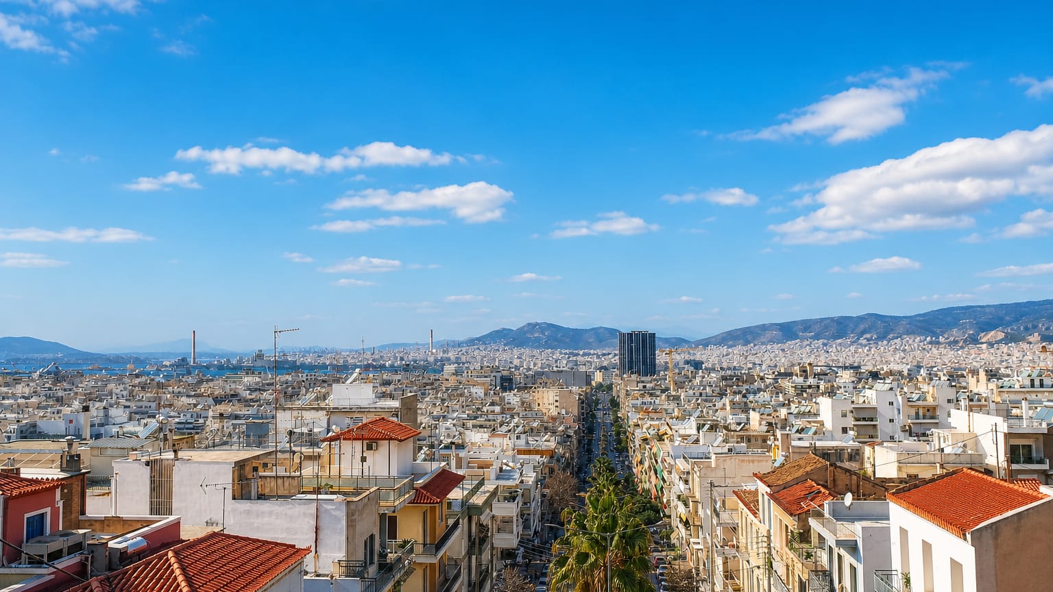 Rooftops of Piraeus stretching toward the port and Saronic Gulf, with the Piraeus Tower rising mid-city.