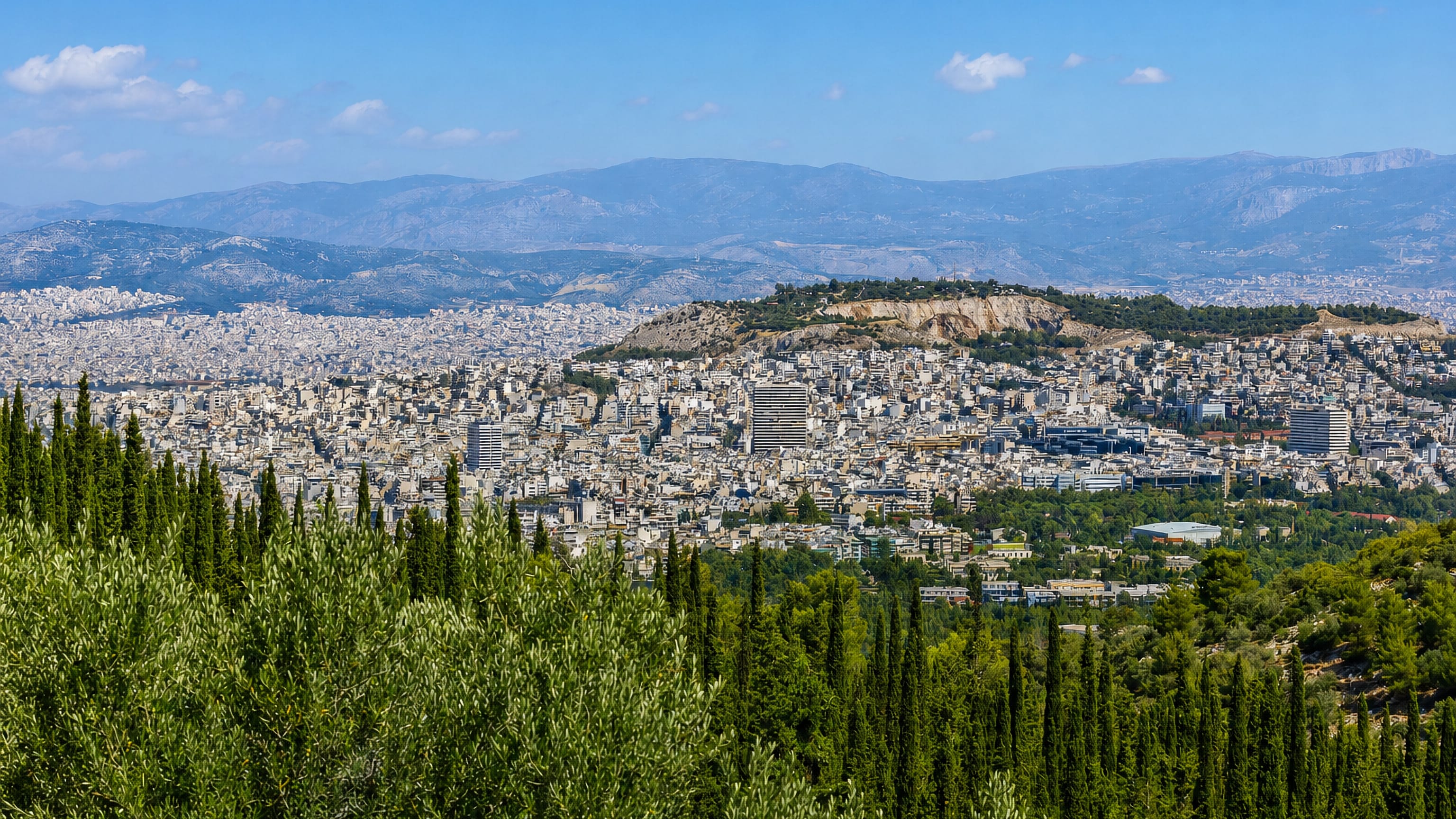 Zográfos apartment blocks spreading across the Athens basin toward hills, seen through pine and olive trees