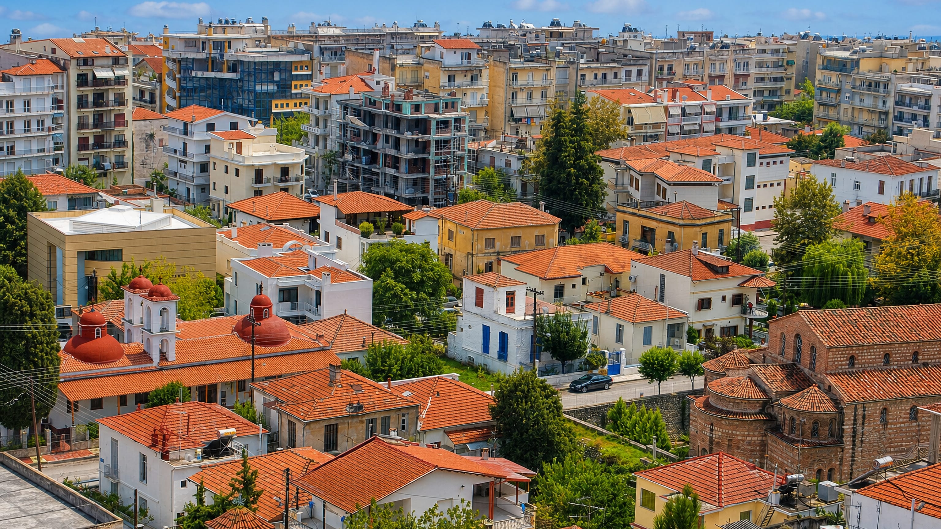 Rooftops of Sérres, Greece, terracotta tiles and apartment blocks around a domed church and Byzantine brick basilica.