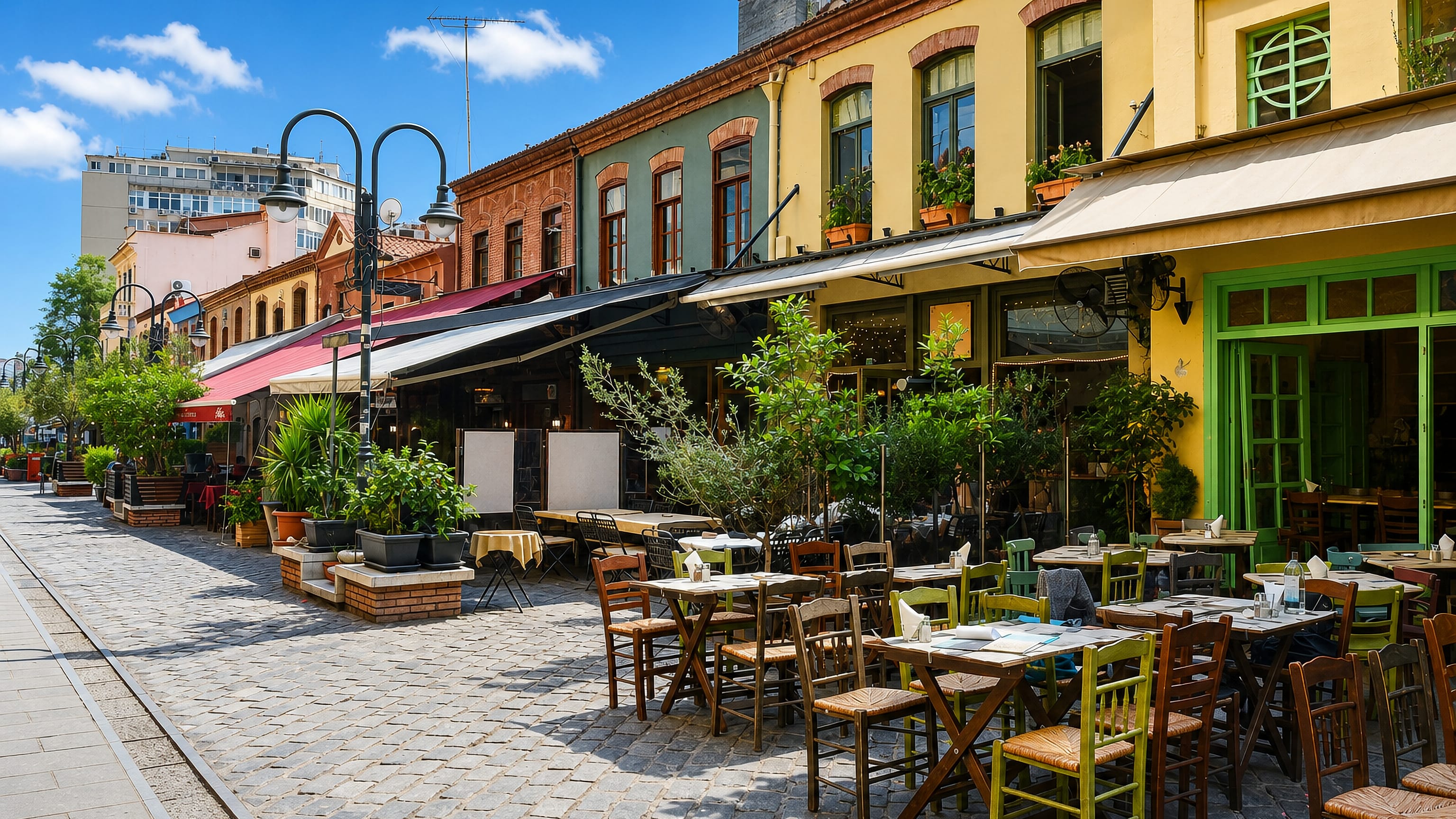 Cobbled street in Thessaloniki's Ladadika quarter lined with restored warehouse buildings and taverna tables.