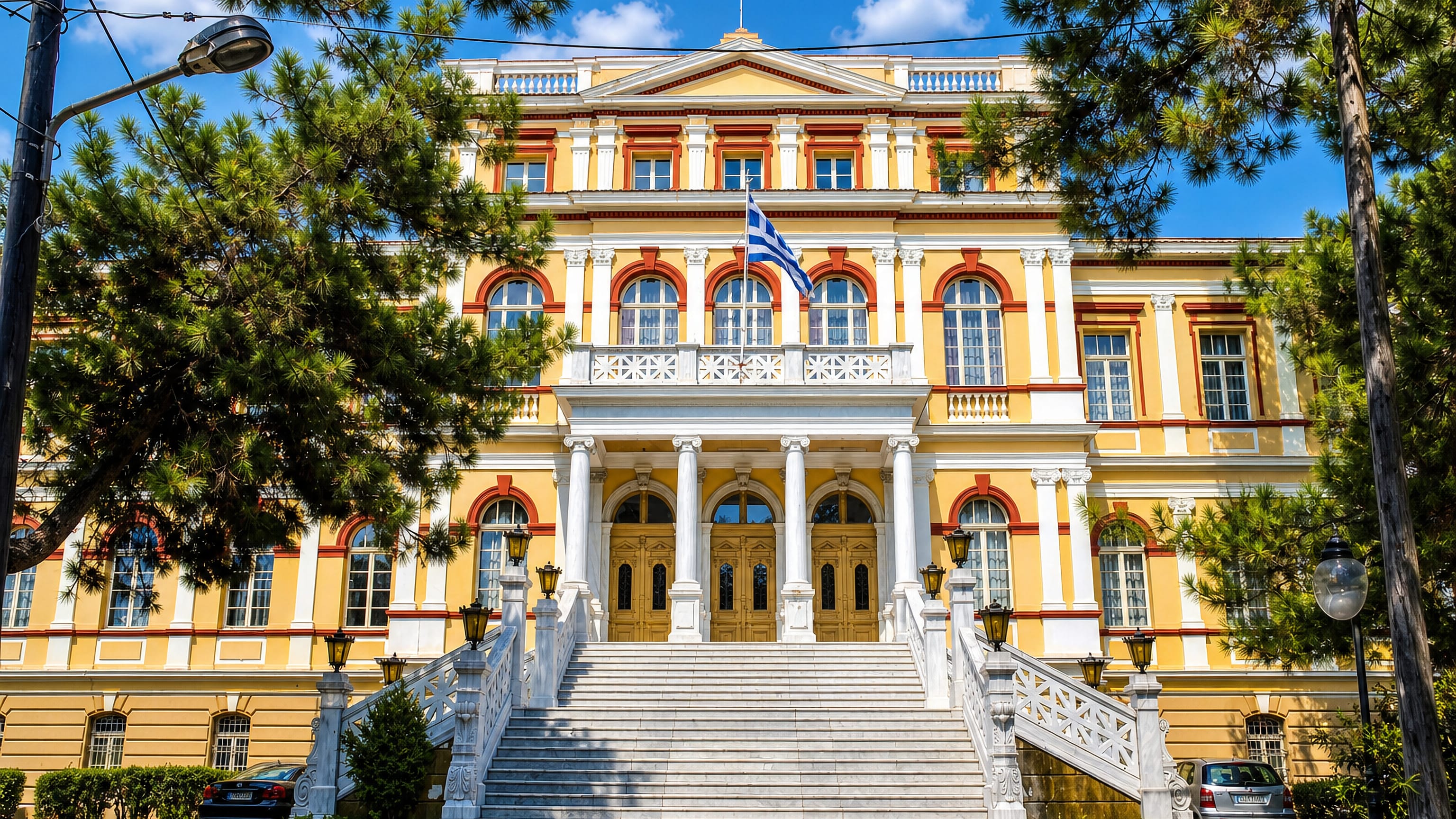 Neoclassical yellow mansion with a Greek flag framed by pines in Toumba, Thessaloniki