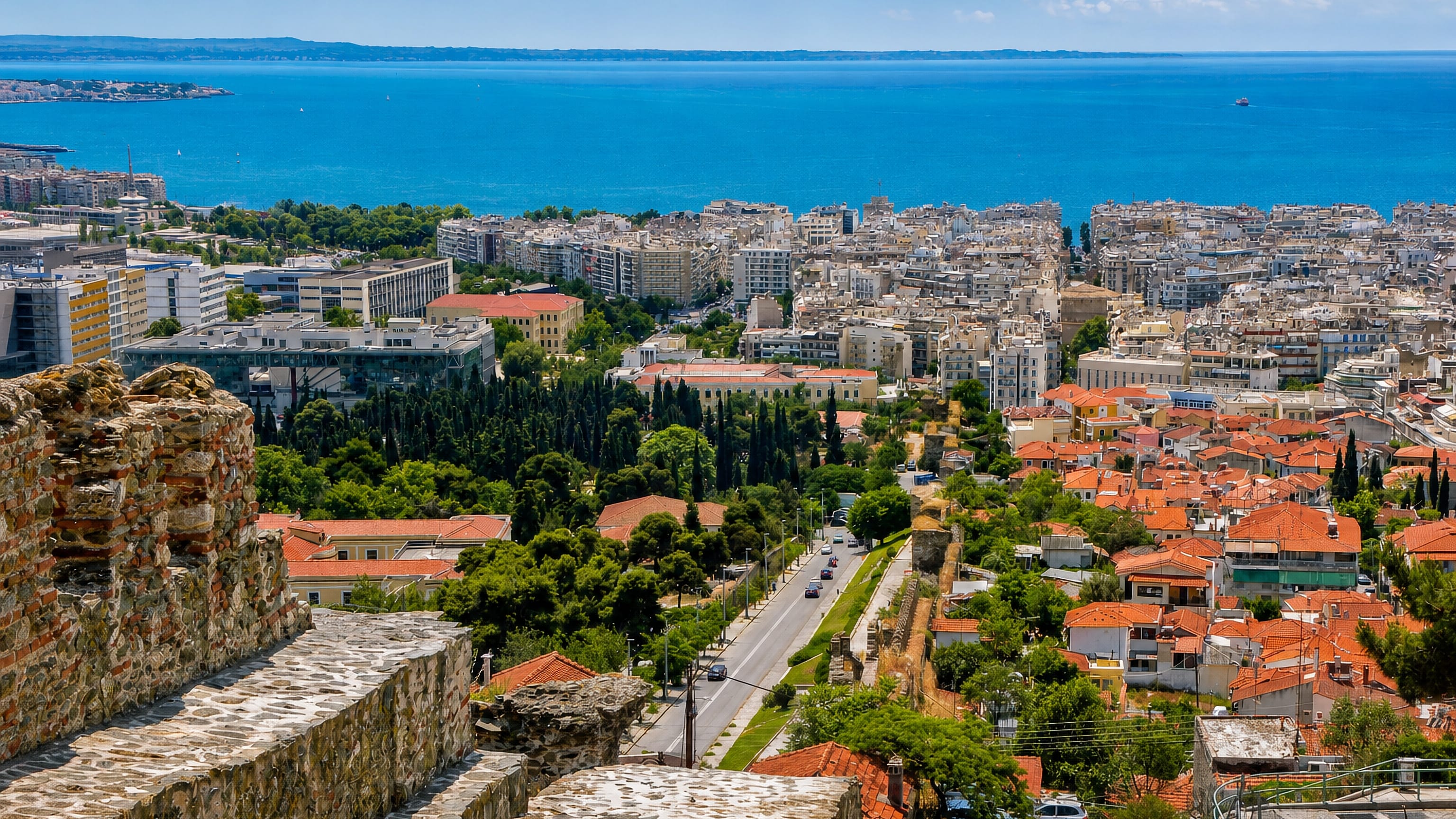 Thessaloniki's Upper Town seen from the Byzantine walls, red-tiled roofs stretching down to the Thermaic Gulf.