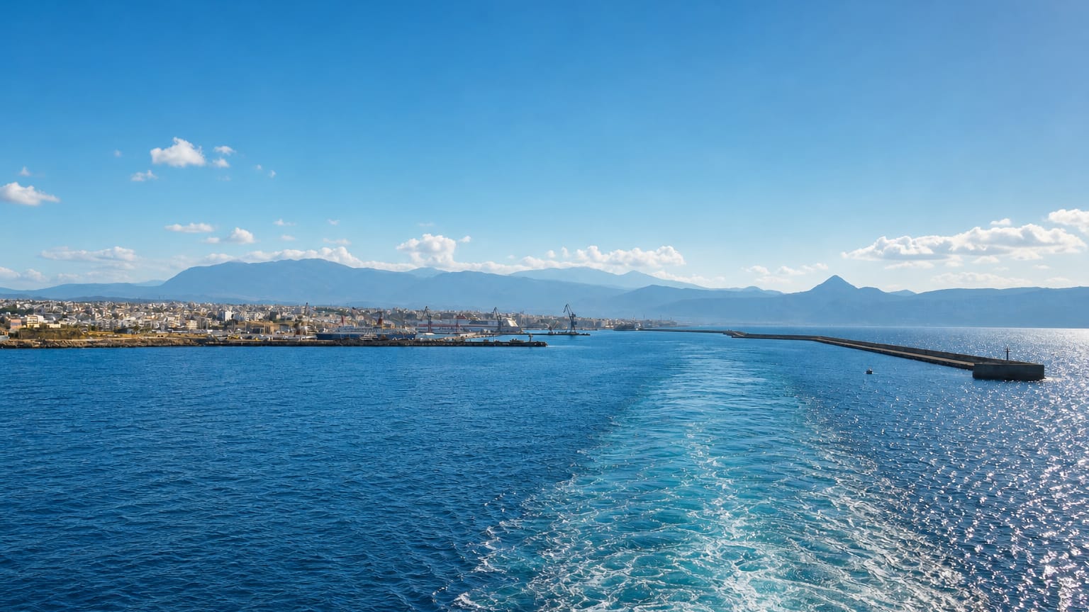 Distant coastline and harbour breakwater of Heraklion seen across the sea, Crete, Greece