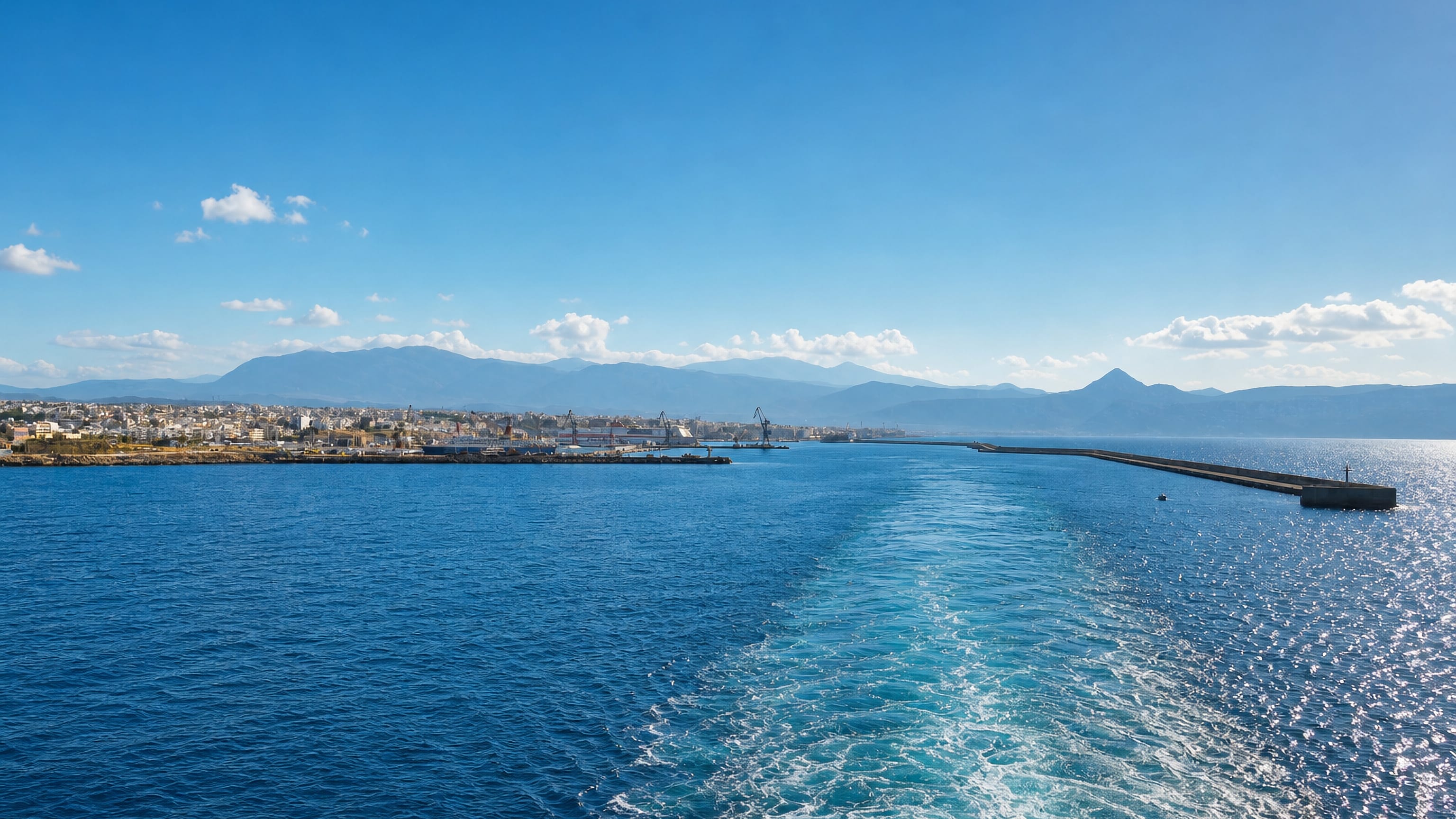Distant coastline and harbour breakwater of Heraklion seen across the sea, Crete, Greece