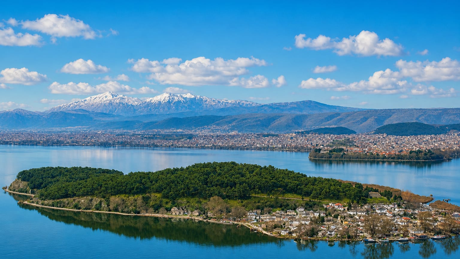 The wooded island on Lake Pamvotida with the city of Ioannina and snow-capped mountains beyond.
