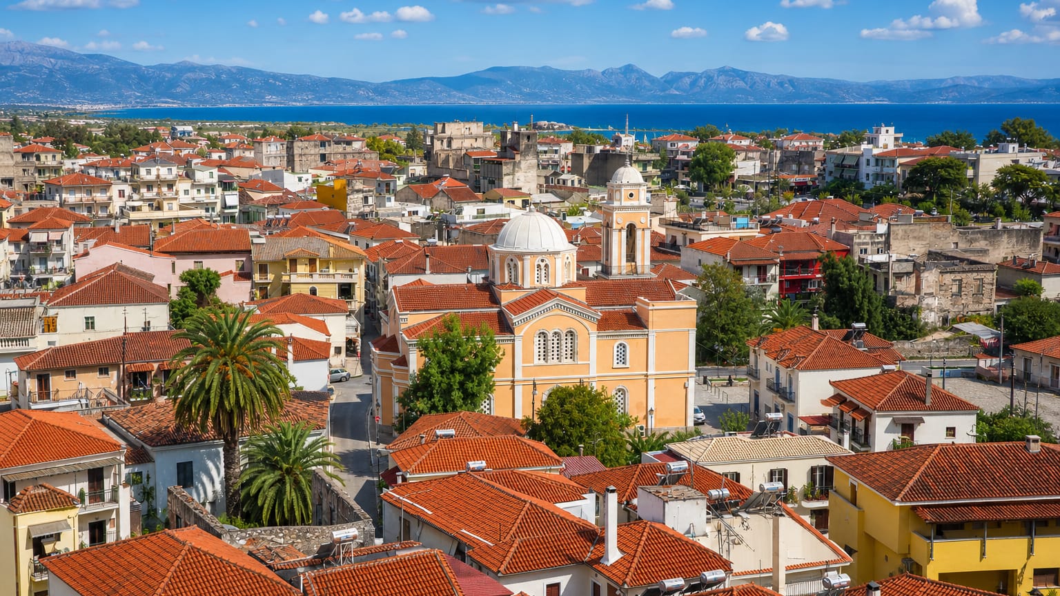 Red-tiled rooftops and the domed Ypapanti church of Kalamata above the Messinian Gulf.