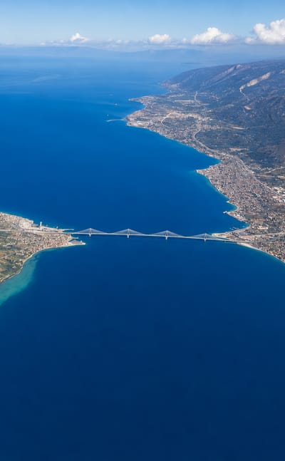 Aerial view of the Rio-Antirrio bridge spanning the Gulf of Corinth near Patras, Greece.