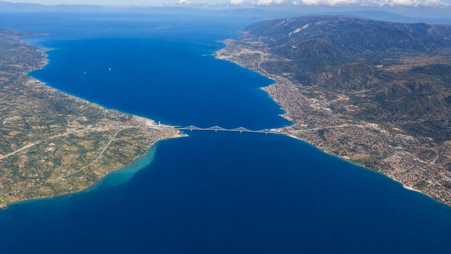 Aerial view of the Rio-Antirrio bridge spanning the Gulf of Corinth near Patras, Greece.