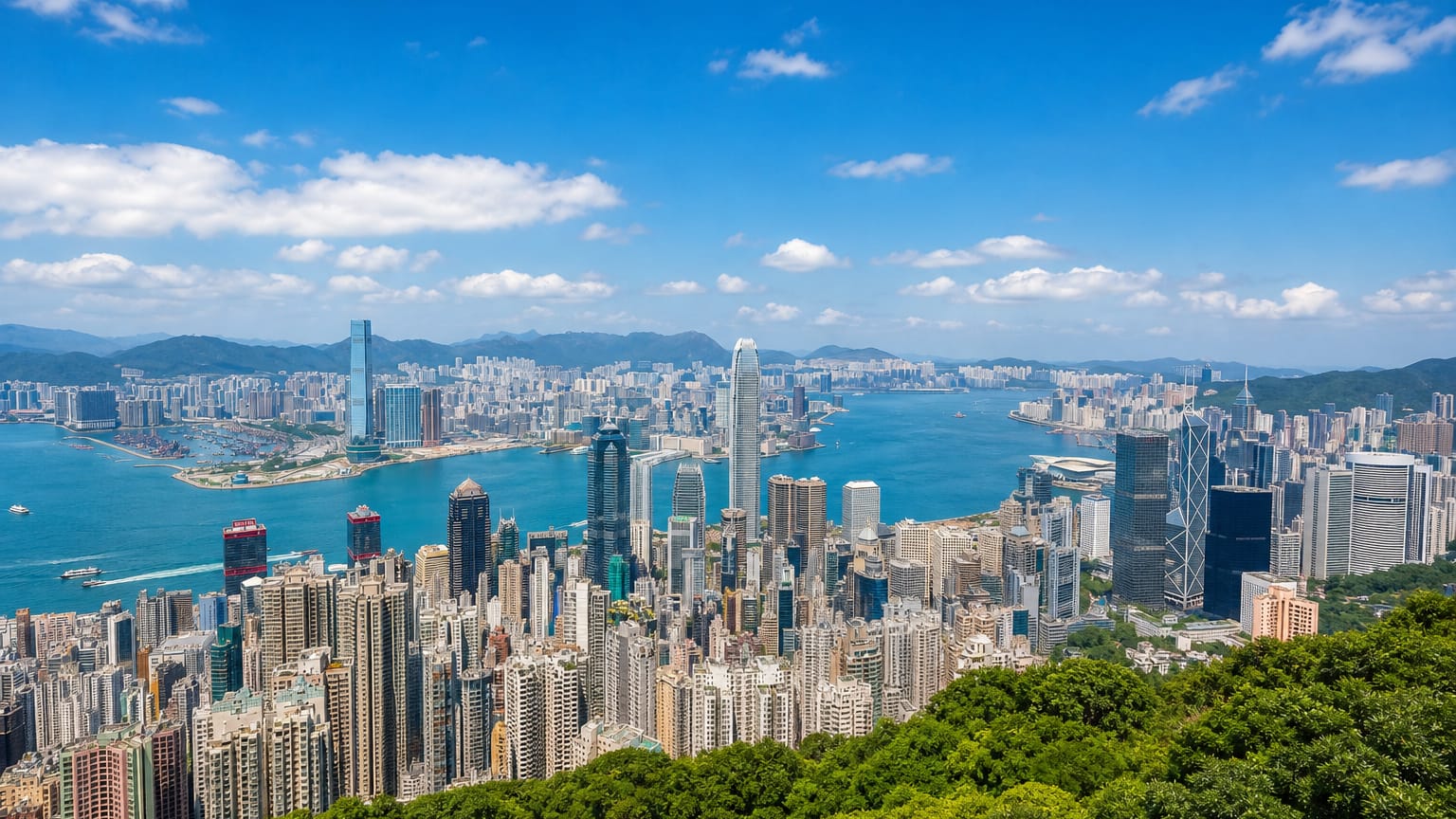 Hong Kong's skyscrapers and Victoria Harbour seen from Victoria Peak toward Kowloon on a clear day.