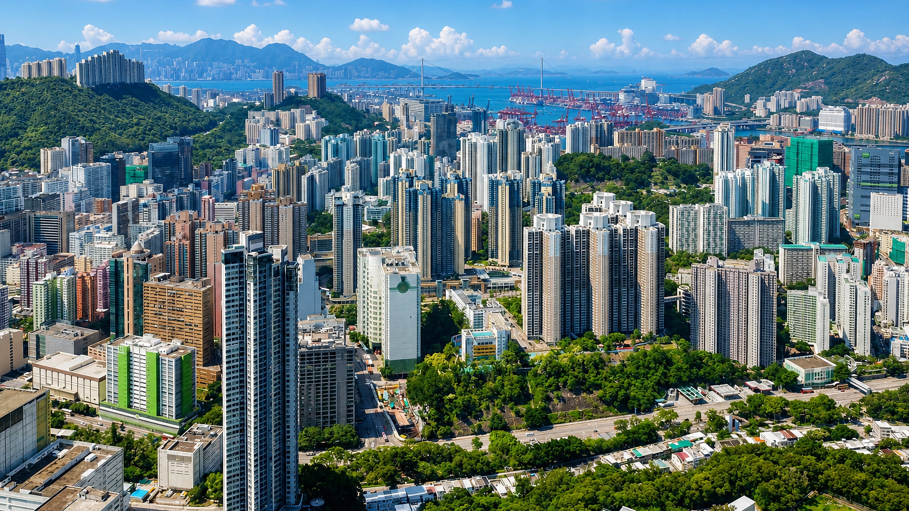 High-rise estates of Kwai Chung, Hong Kong, above the container terminal cranes and harbour beyond
