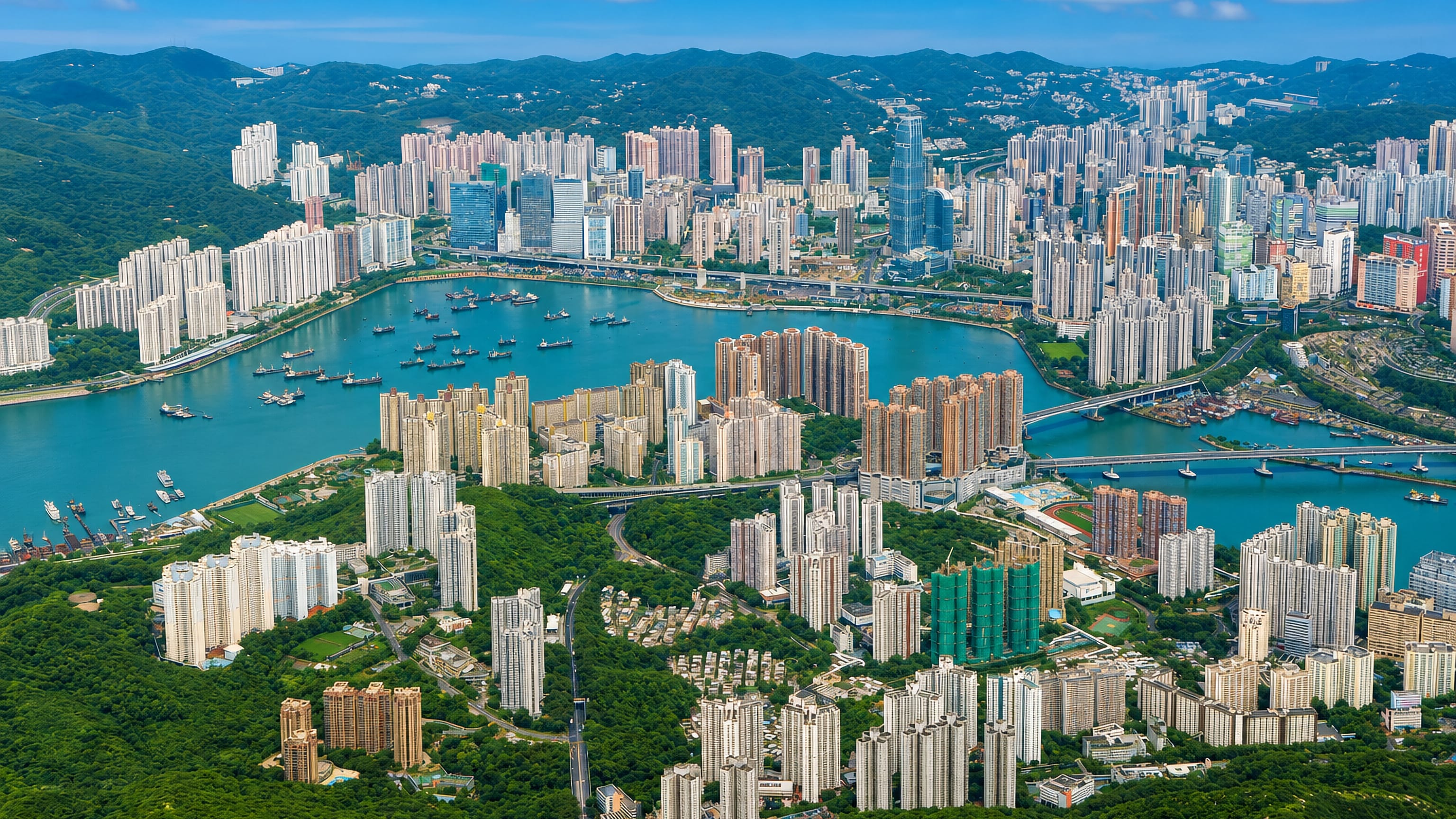 High-rise estates and green hills on Tsing Yi island, with bridges over Rambler Channel to Kwai Chung, Hong Kong.