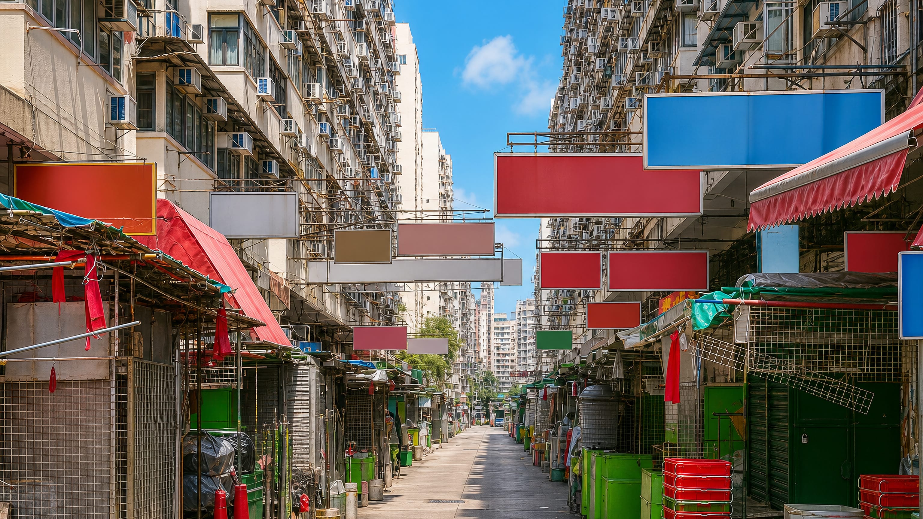 Market stalls and hanging signboards along a narrow street between tenement blocks in Sham Shui Po, Hong Kong