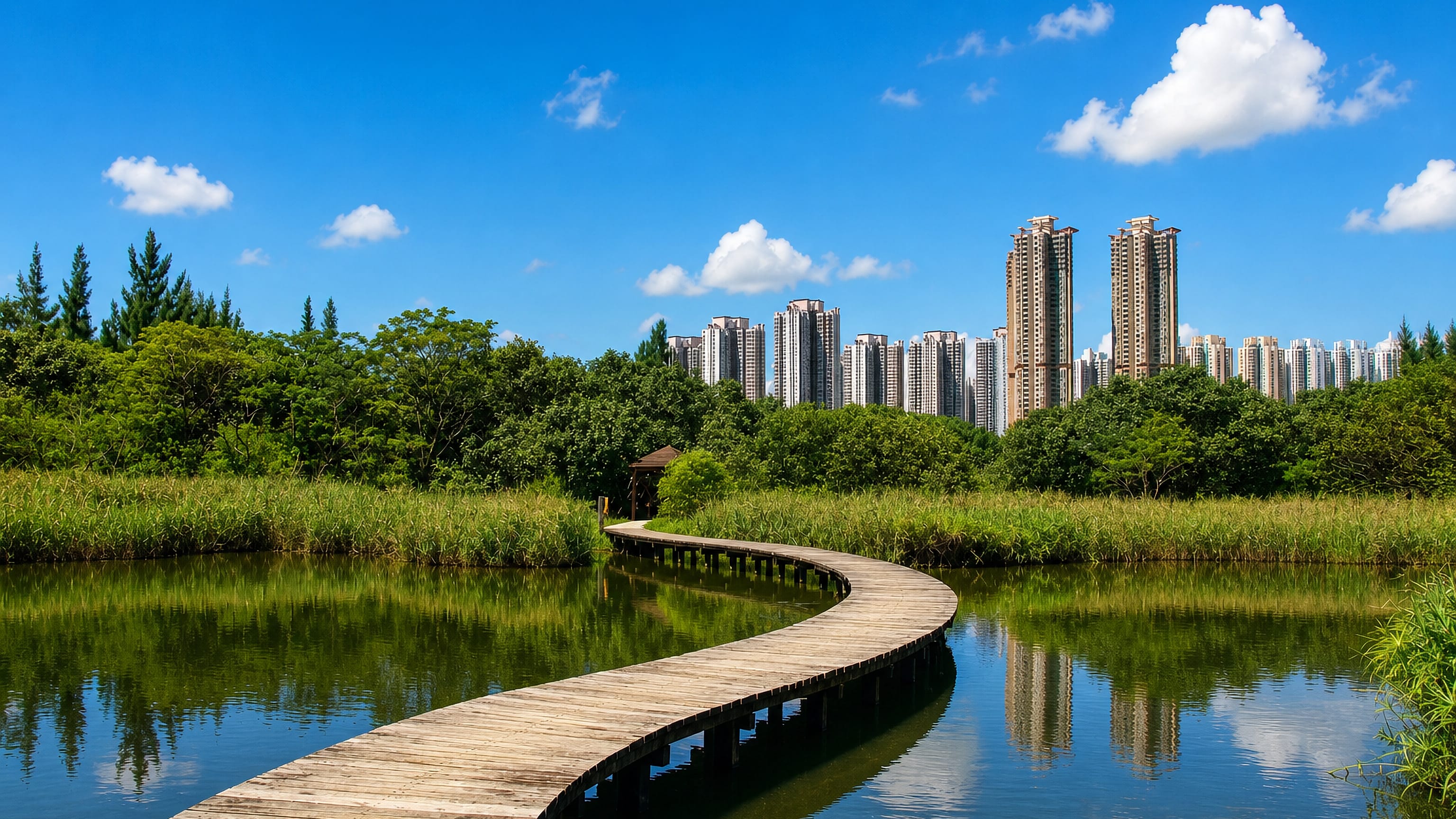 A boardwalk across wetland ponds in Yuen Long District, Hong Kong, with high-rise towers on the skyline beyond.