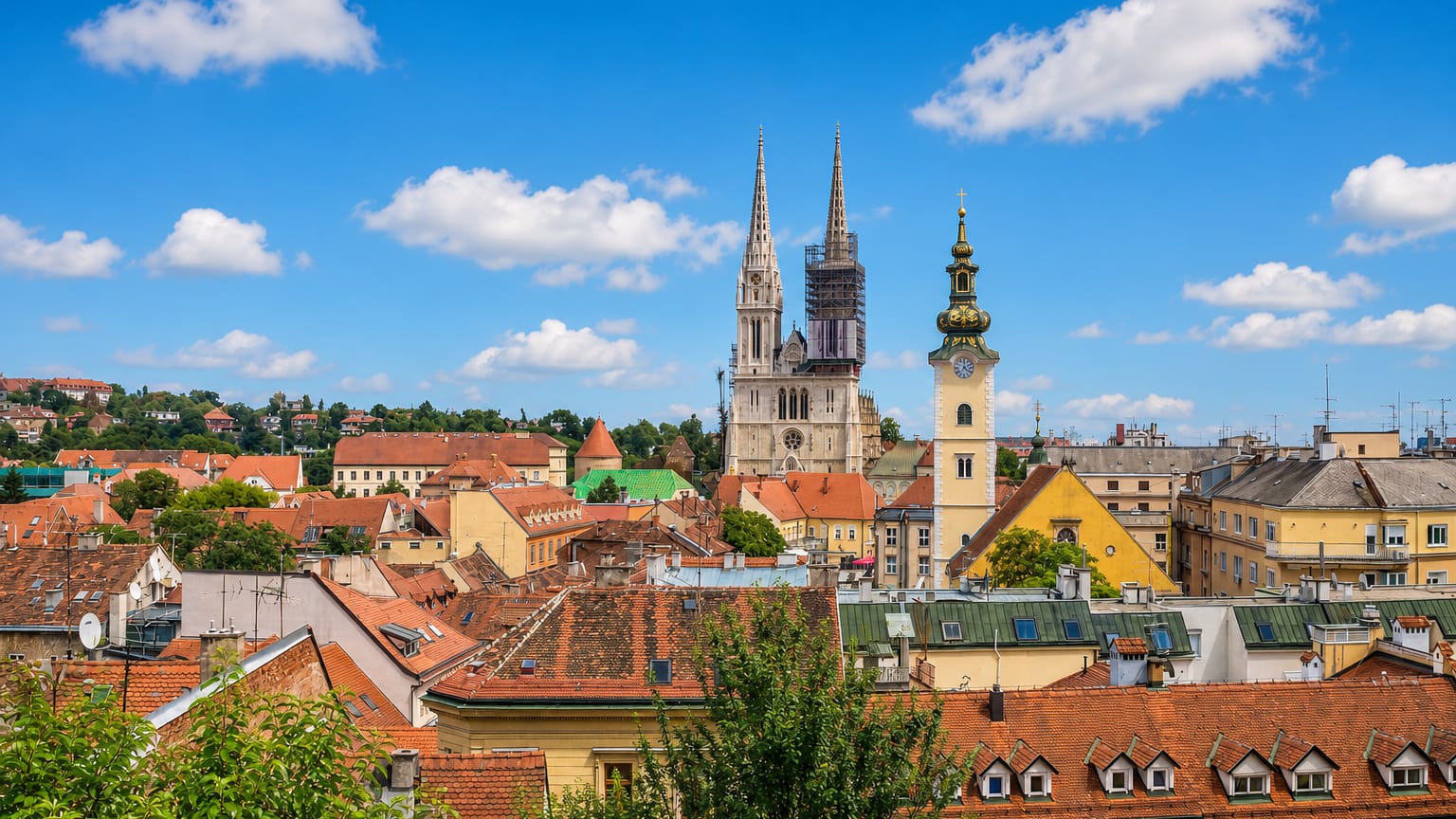 Zagreb's twin neo-Gothic cathedral spires rising above the old town's red-tiled roofs and a church tower under a blue sky.