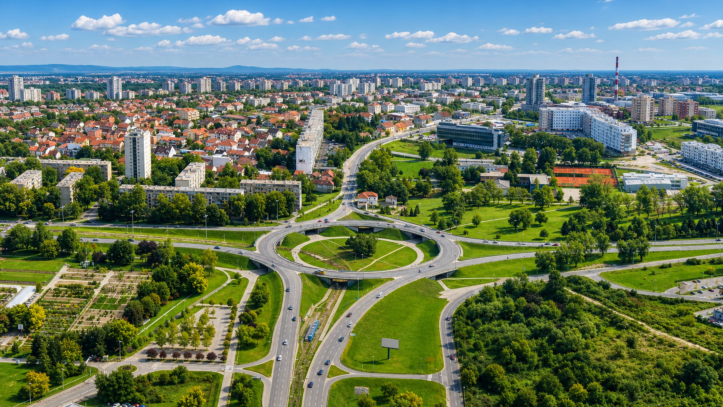 Aerial view of Novi Zagreb, with a large landscaped roundabout, housing blocks and distant hills.