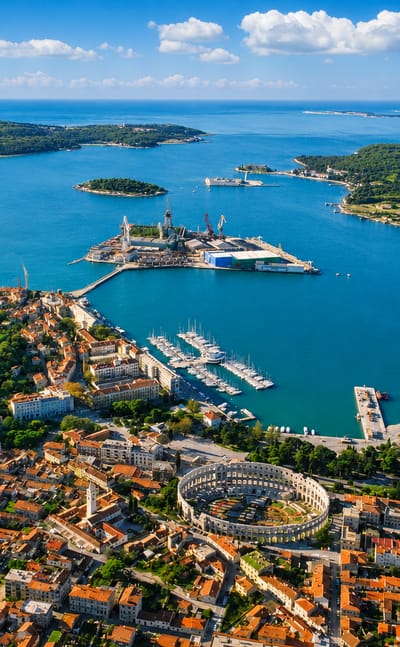 Aerial of Pula with its Roman amphitheatre amid red-roofed old town and the blue Adriatic harbour.