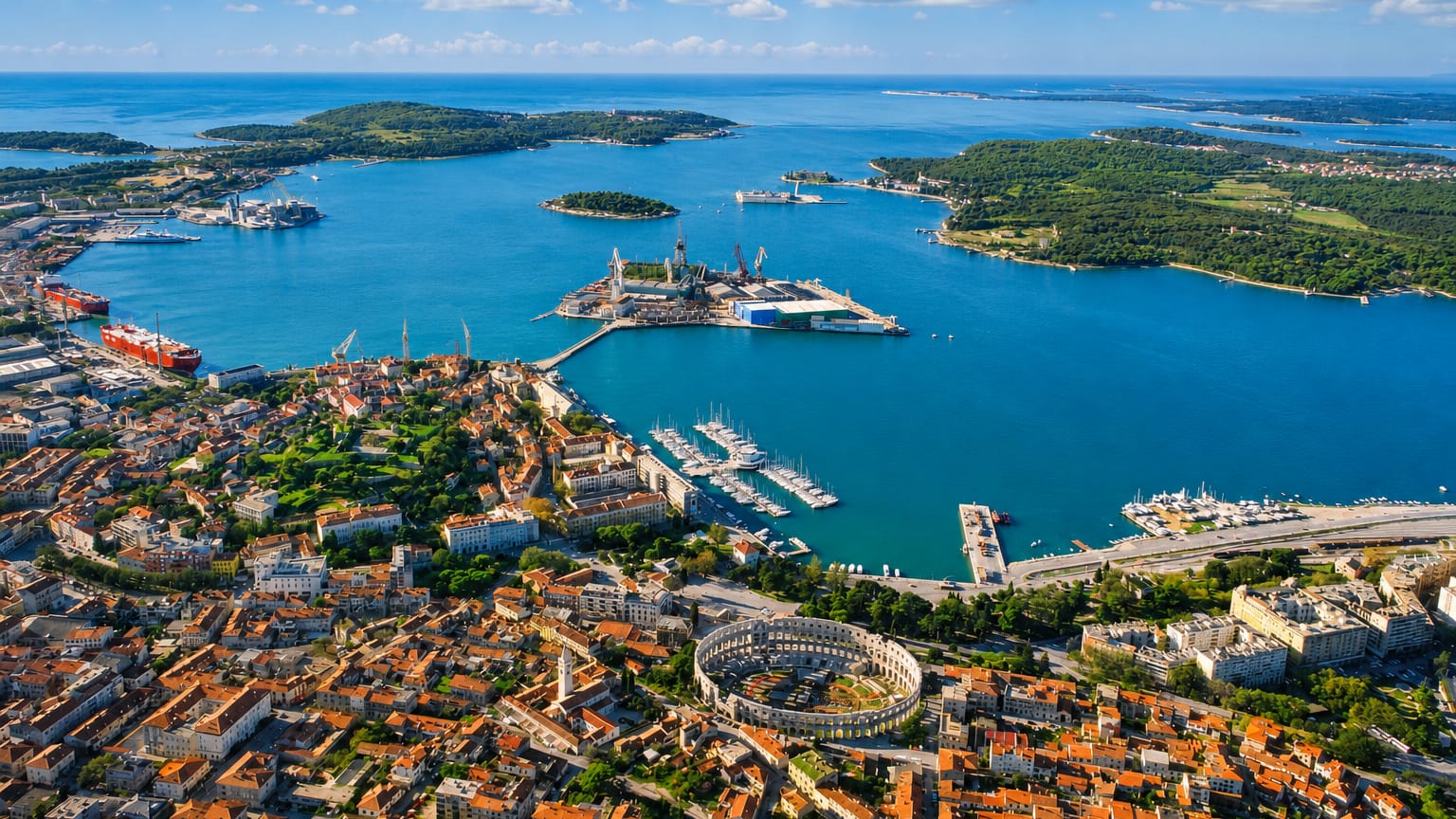 Aerial of Pula with its Roman amphitheatre amid red-roofed old town and the blue Adriatic harbour.