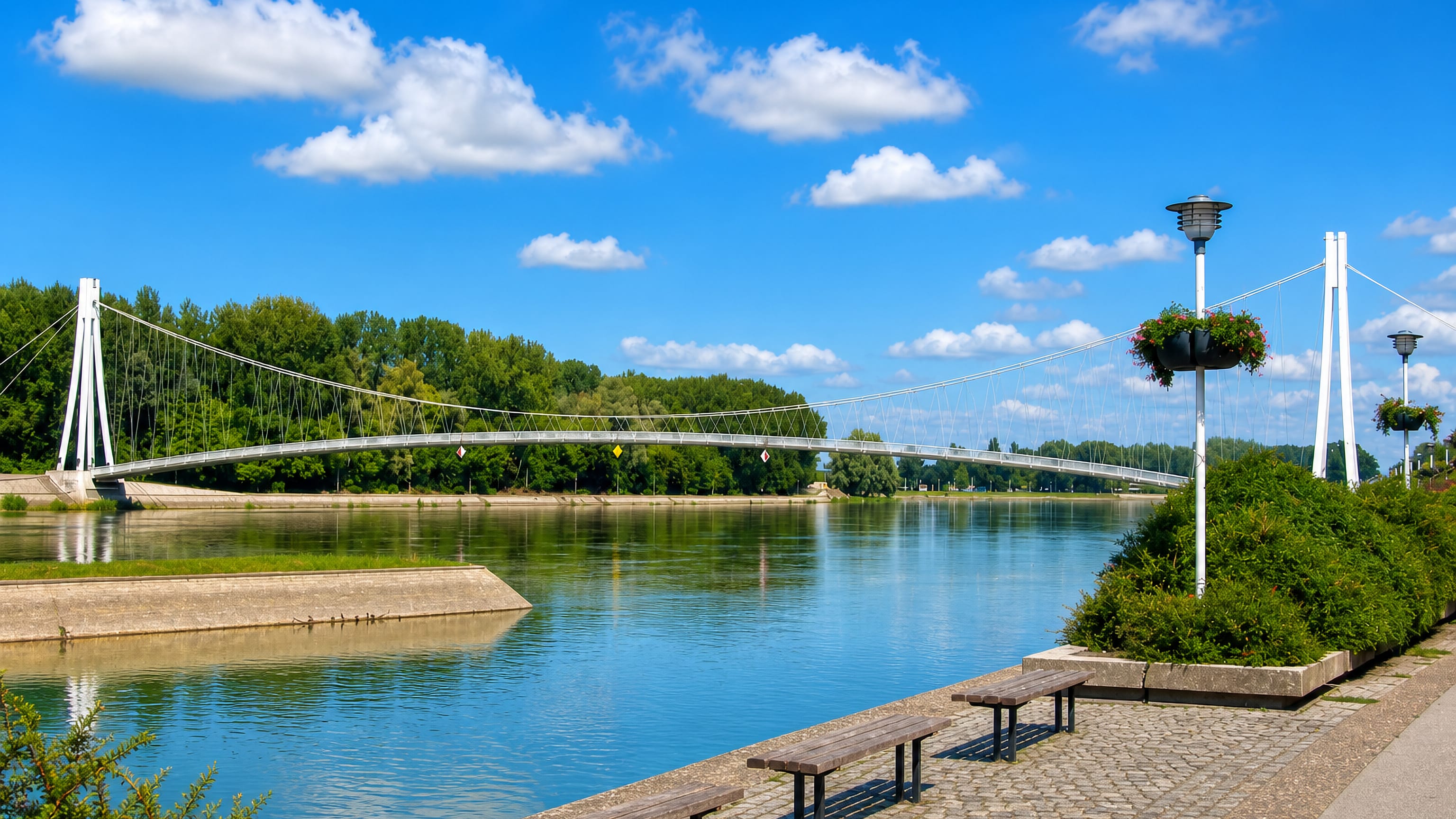 Osijek's white pedestrian suspension bridge over the Drava River, seen from the paved riverside promenade.