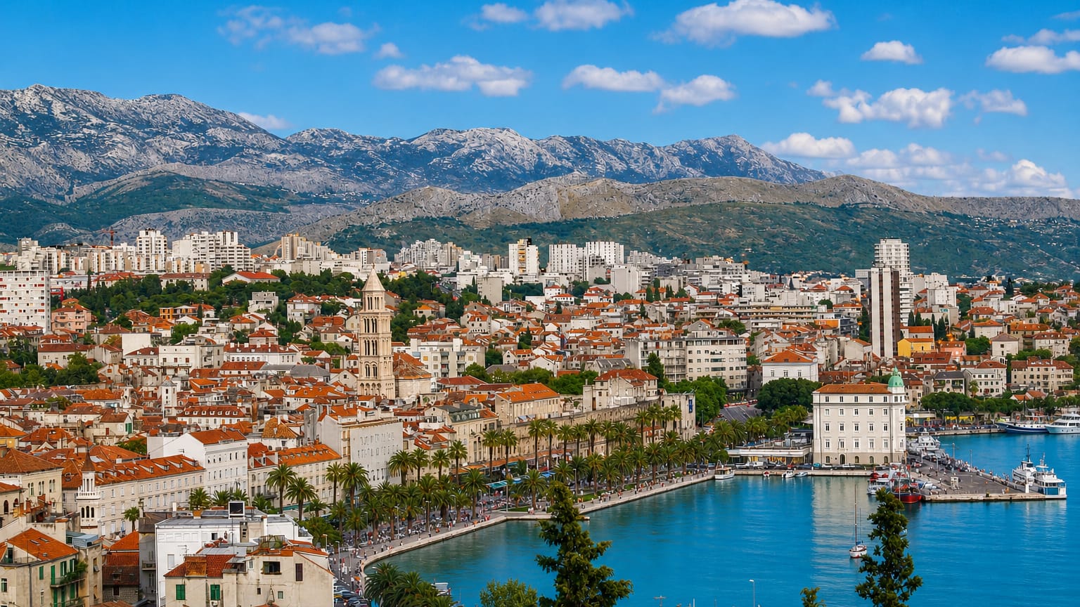 Split's Old Town with the Cathedral of St. Domnius bell tower, red-tiled roofs, palm-lined Riva and harbor below the Mosor mountains.