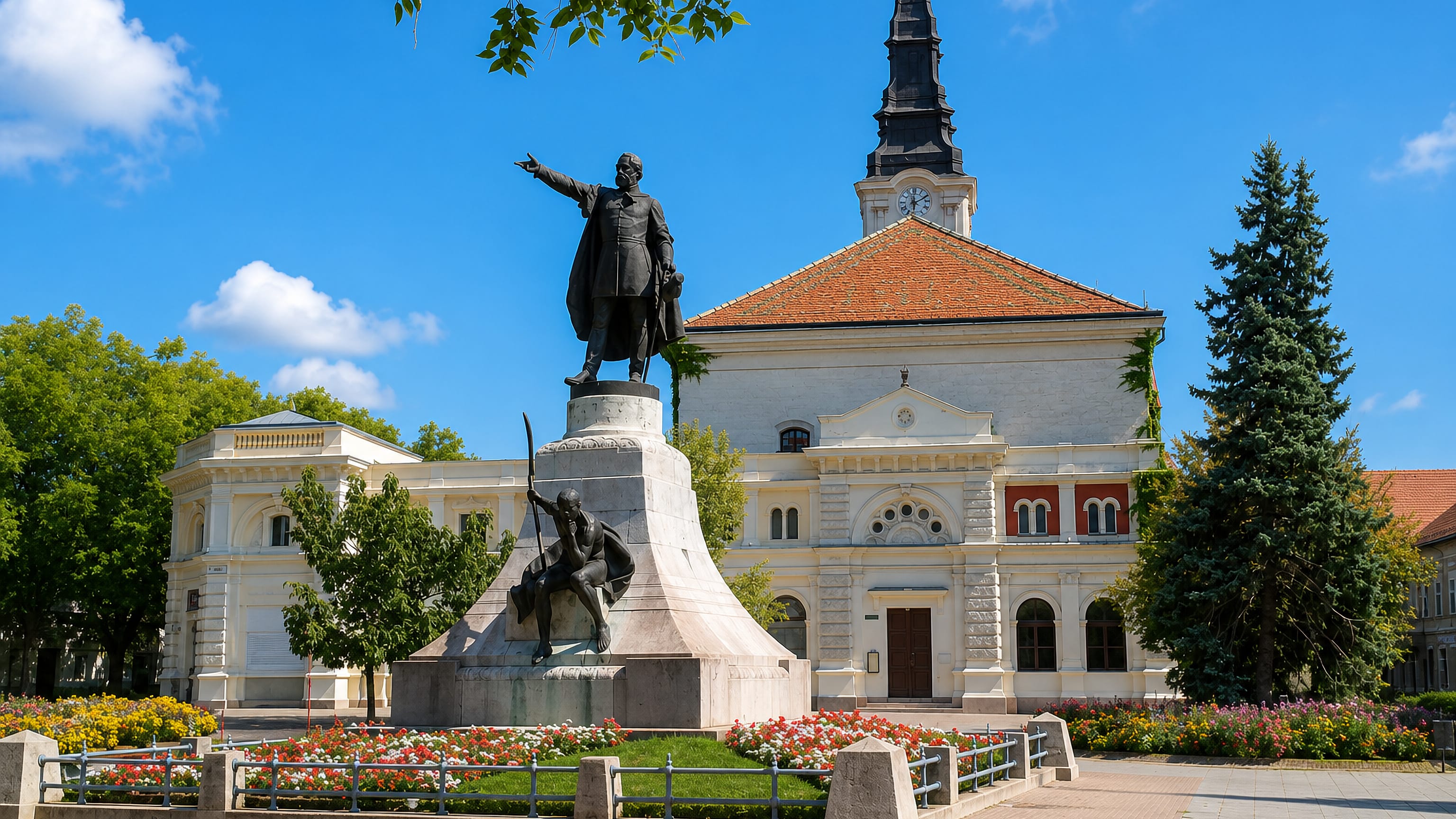 A bronze statue and white church with a dark spire on a flower-lined square in Kecskemét, Hungary.