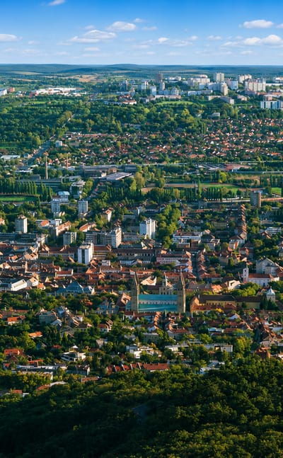 Panorama of Pecs from the Mecsek hills showing its four-towered cathedral and green-domed mosque.