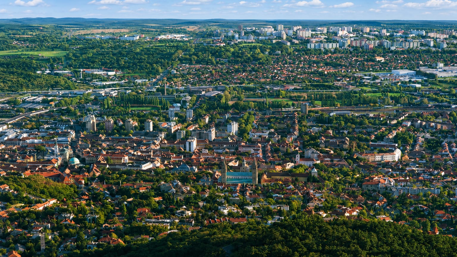 Panorama of Pecs from the Mecsek hills showing its four-towered cathedral and green-domed mosque.
