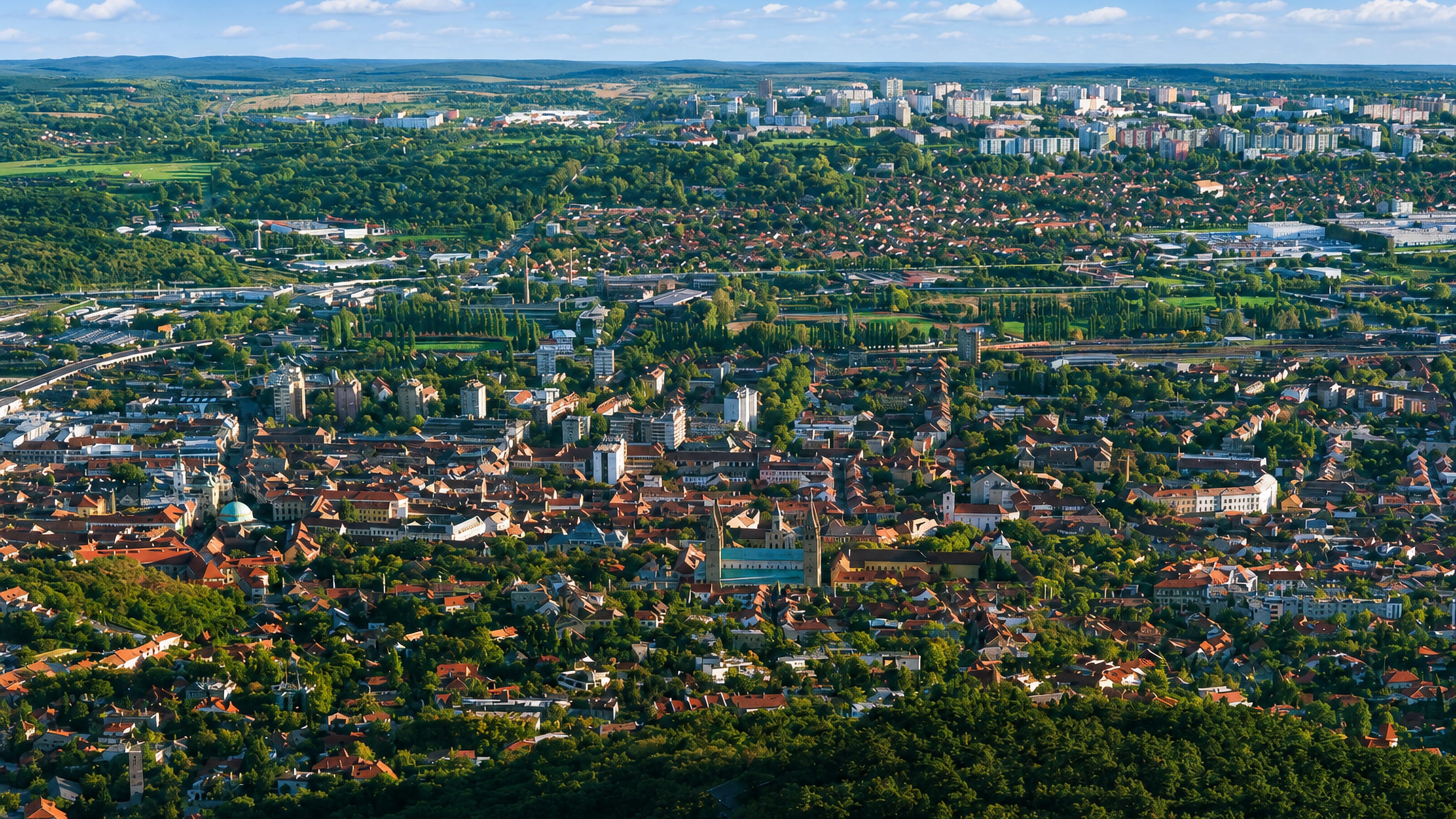 Panorama of Pecs from the Mecsek hills showing its four-towered cathedral and green-domed mosque.