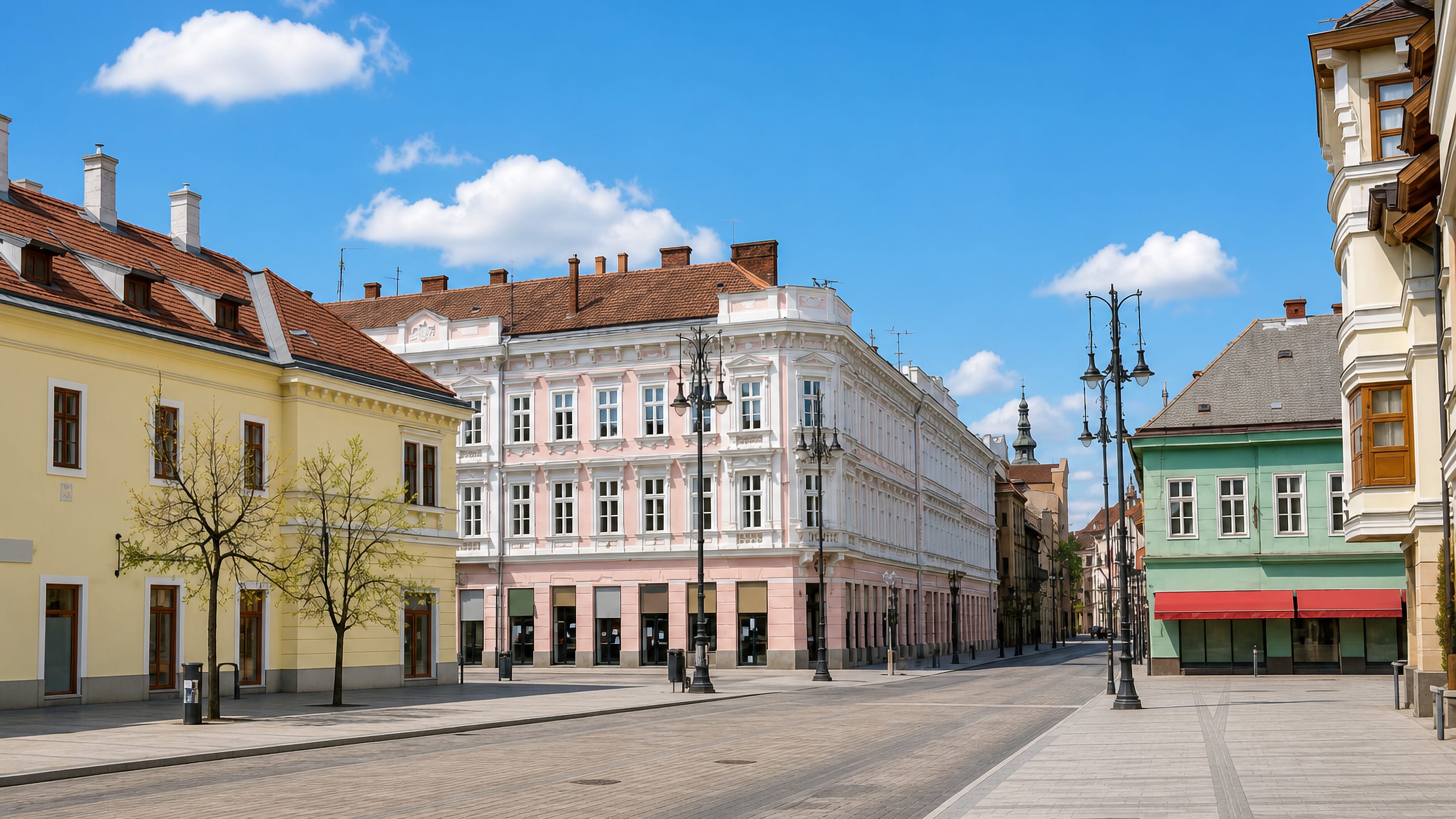 Pastel neoclassical facades lining the wide pedestrian main street of Miskolc under a clear summer sky.