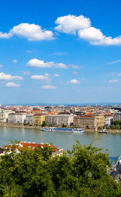 The Hungarian Parliament, Chain Bridge and St. Stephen's Basilica along the Danube in Budapest, viewed from Buda Castle hill.