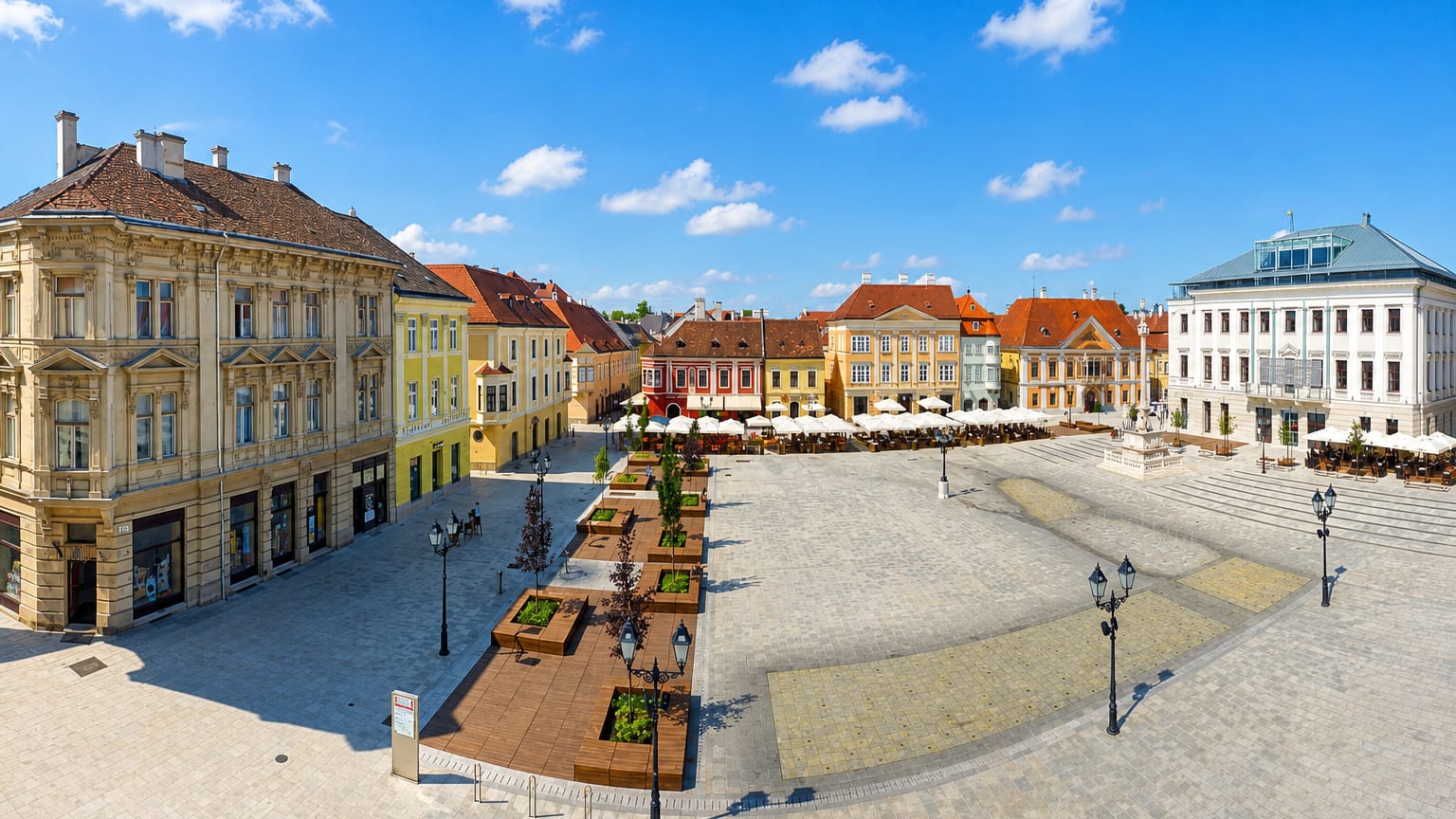 Gyor's Szechenyi Square with colorful baroque facades, cafe terraces and the Mary Column.