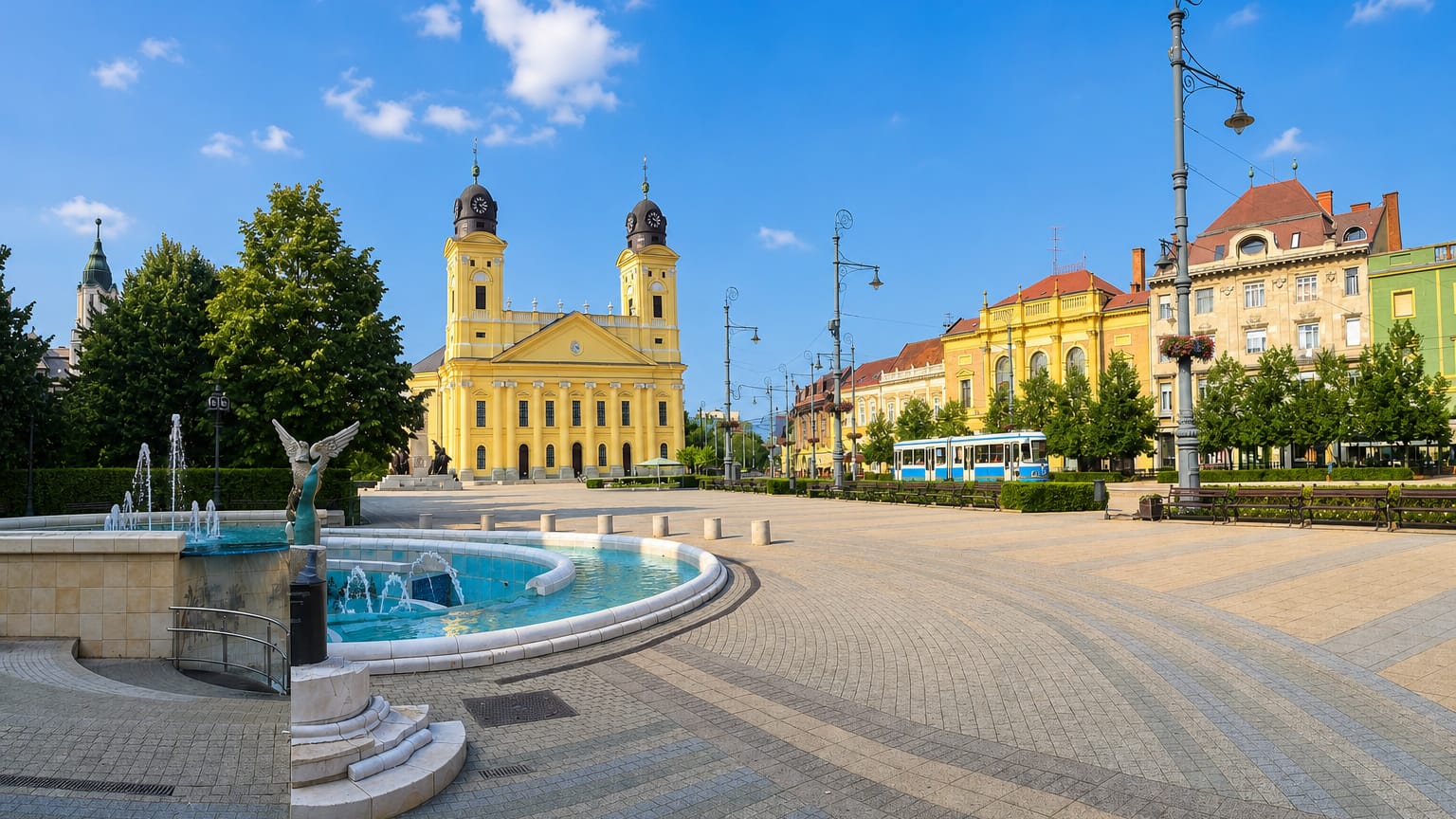 Debrecen's yellow twin-towered Great Reformed Church and fountain on Kossuth Square with a passing tram.