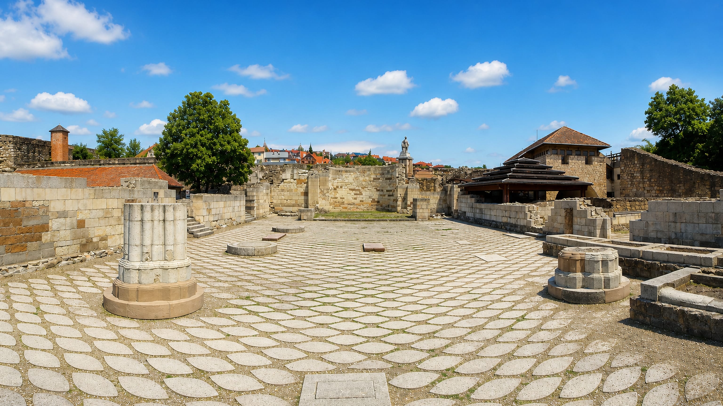 Paved cathedral ruins with column stumps inside Eger Castle, the Hungarian town's rooftops rising beyond the walls.
