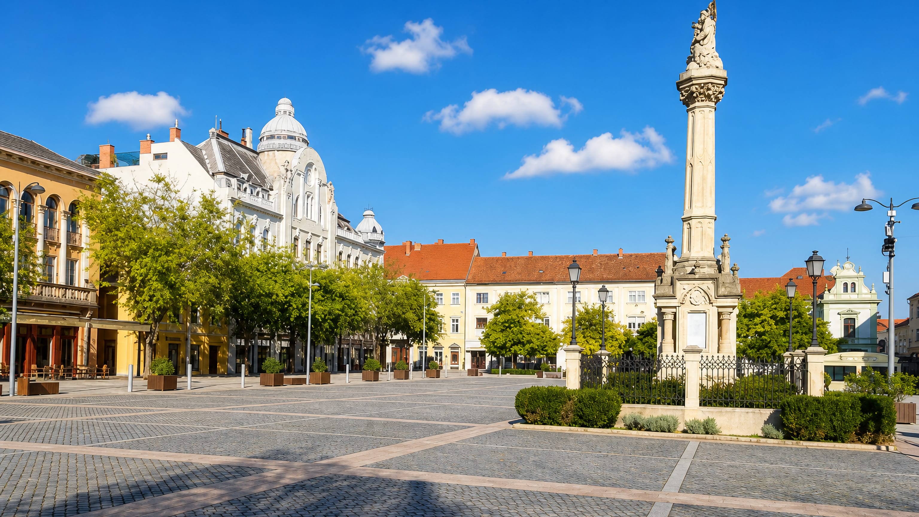 Szombathely's cobbled Fő tér with the Holy Trinity column and pastel eclectic facades under a clear sky.