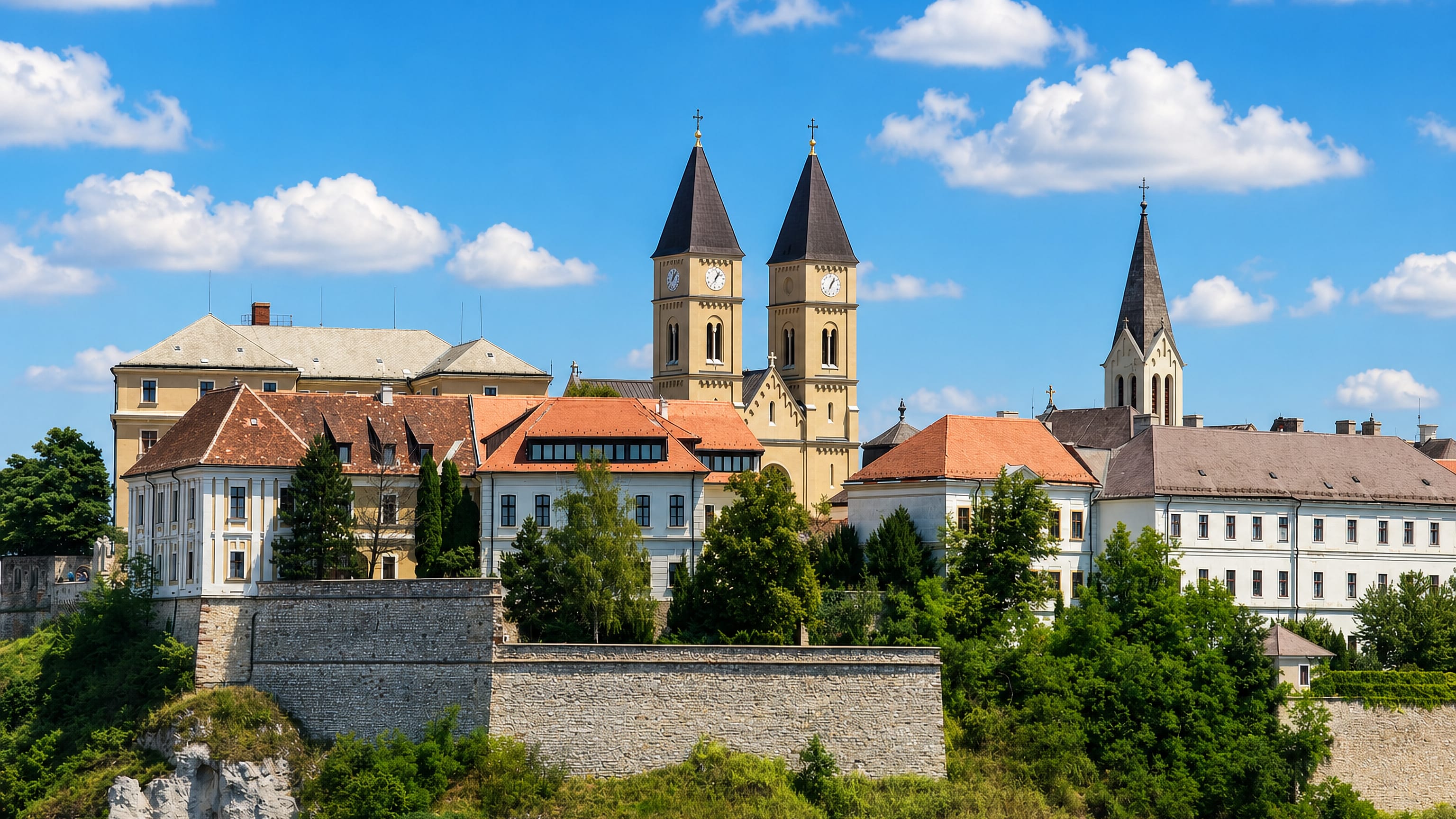 Veszprém's Castle Hill in Hungary, crowned by the twin-towered cathedral and Baroque palaces on a limestone bluff.