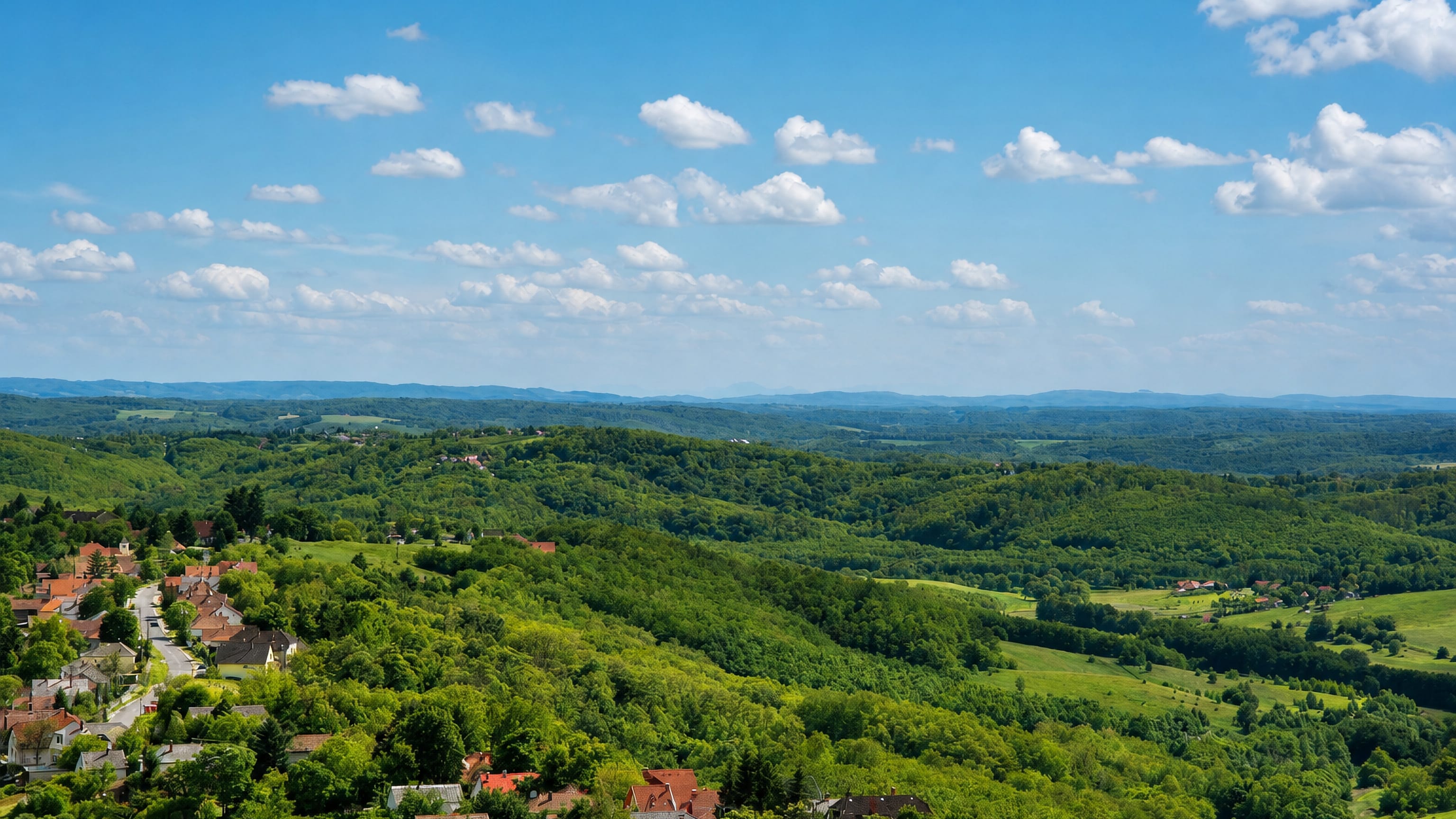 Bazita's houses scattered across the wooded Zala hills above Zalaegerszeg.