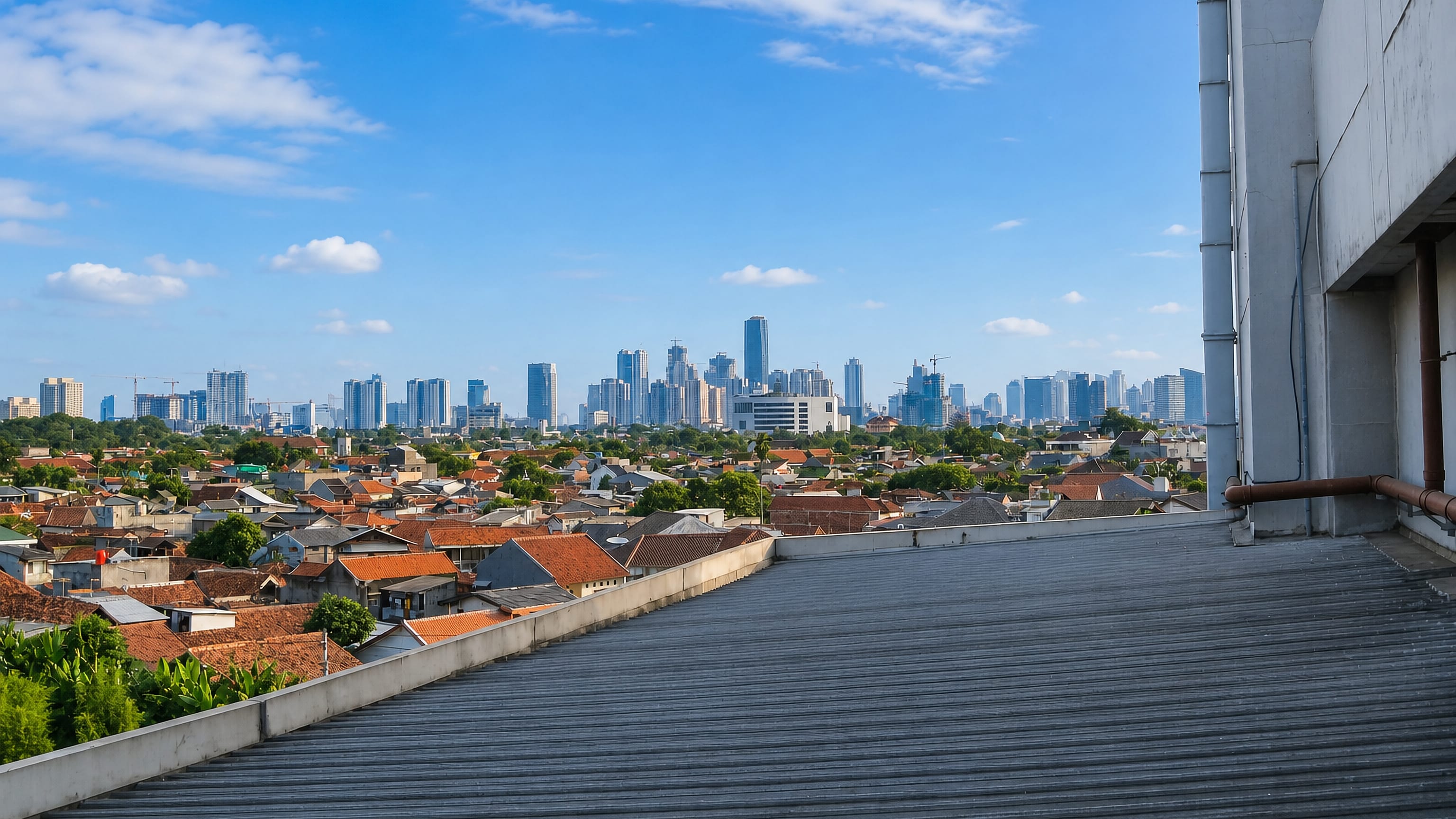 Rooftop view across the low-rise neighbourhoods of East Jakarta toward the distant Jakarta high-rise skyline