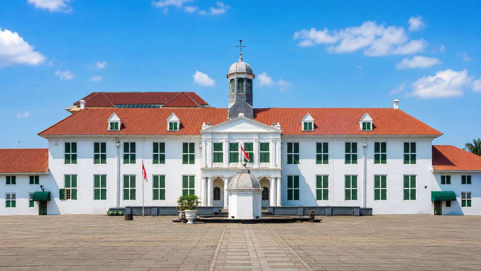 The white Dutch-colonial Jakarta History Museum with red-tiled roof and cupola on Fatahillah Square in Kota Tua, Jakarta.