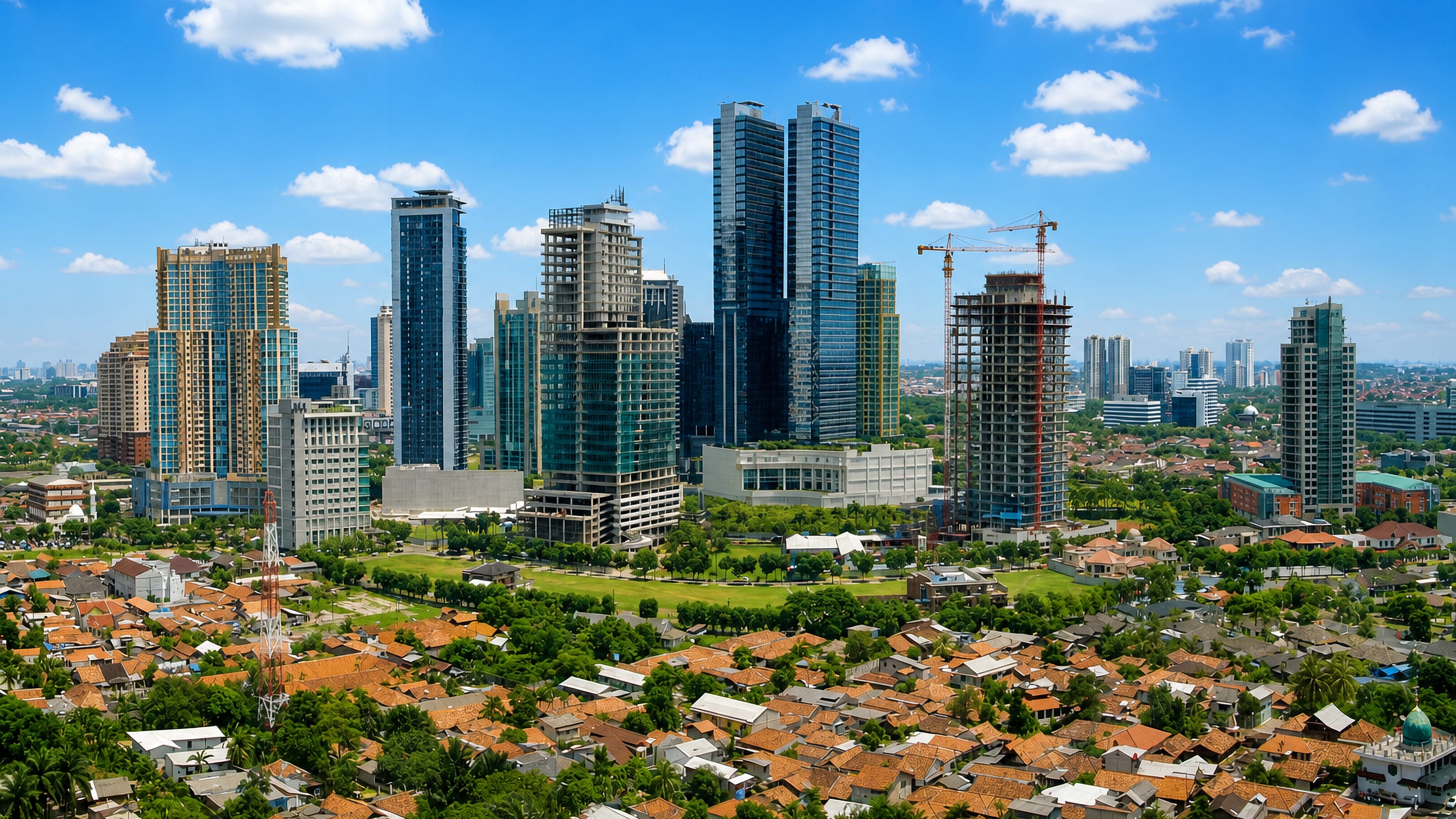 High-rise office towers of Kuningan rising above tile-roofed kampung houses in central Jakarta under a blue sky.
