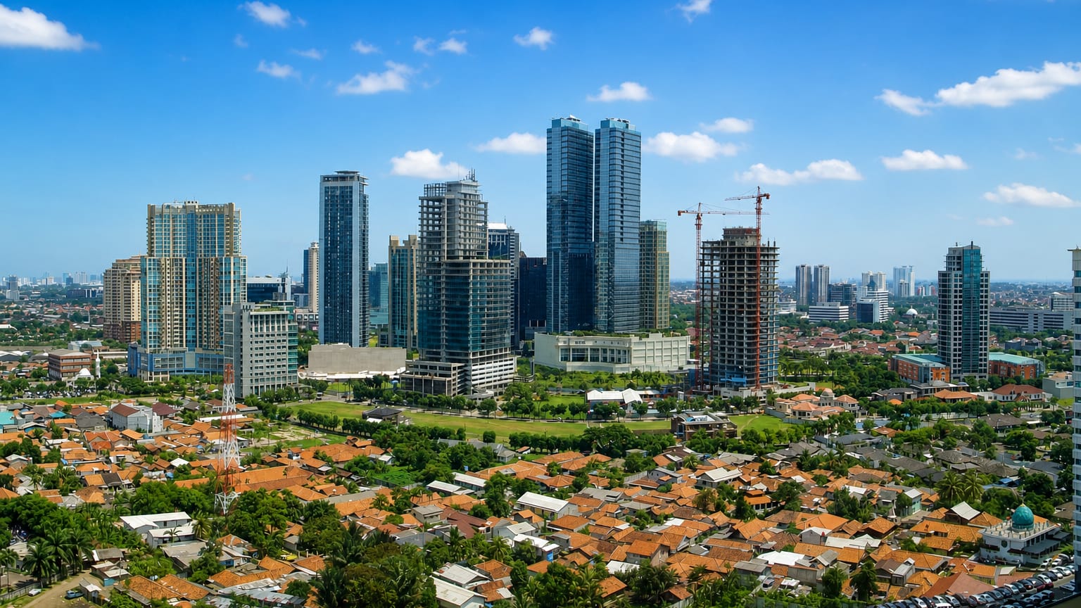 Mega Kuningan business-district towers rising above low red-roofed neighbourhoods in Jakarta under a blue sky