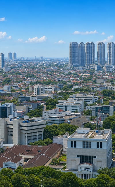 A sprawling mix of offices, red-roofed housing and apartment towers spreads across West Jakarta under a blue sky.