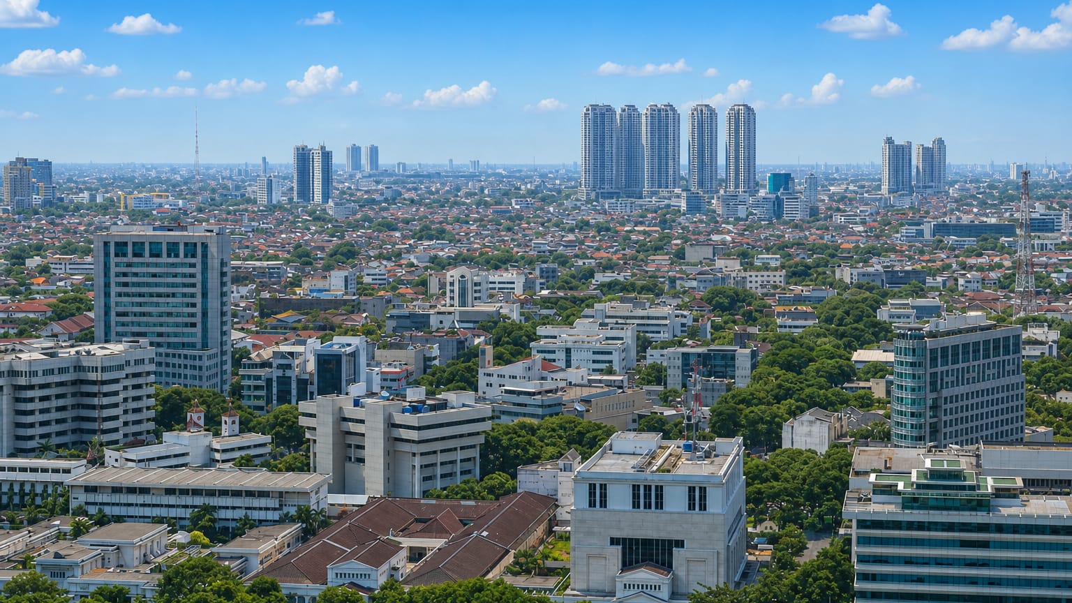 A sprawling mix of offices, red-roofed housing and apartment towers spreads across West Jakarta under a blue sky.