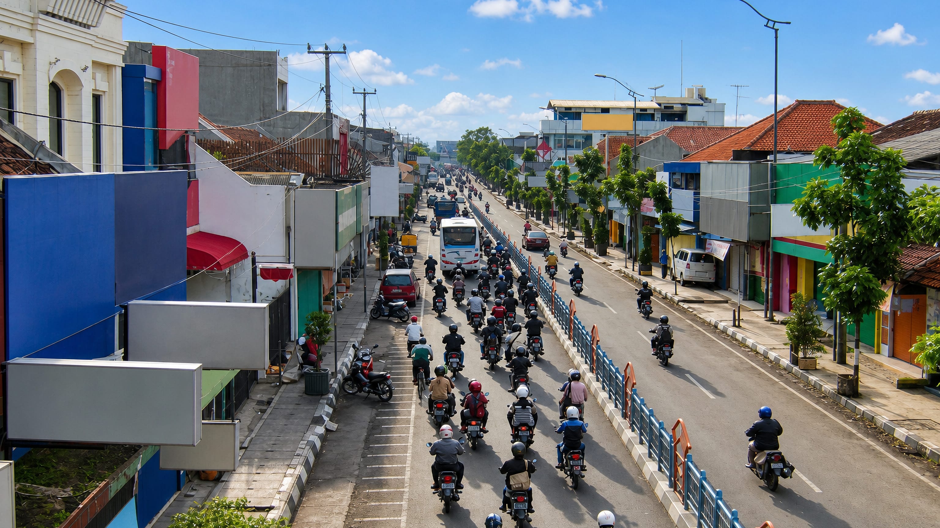 Motorcycle traffic streaming along a tree-lined divided avenue past colourful shophouses in Cimahi, West Java.