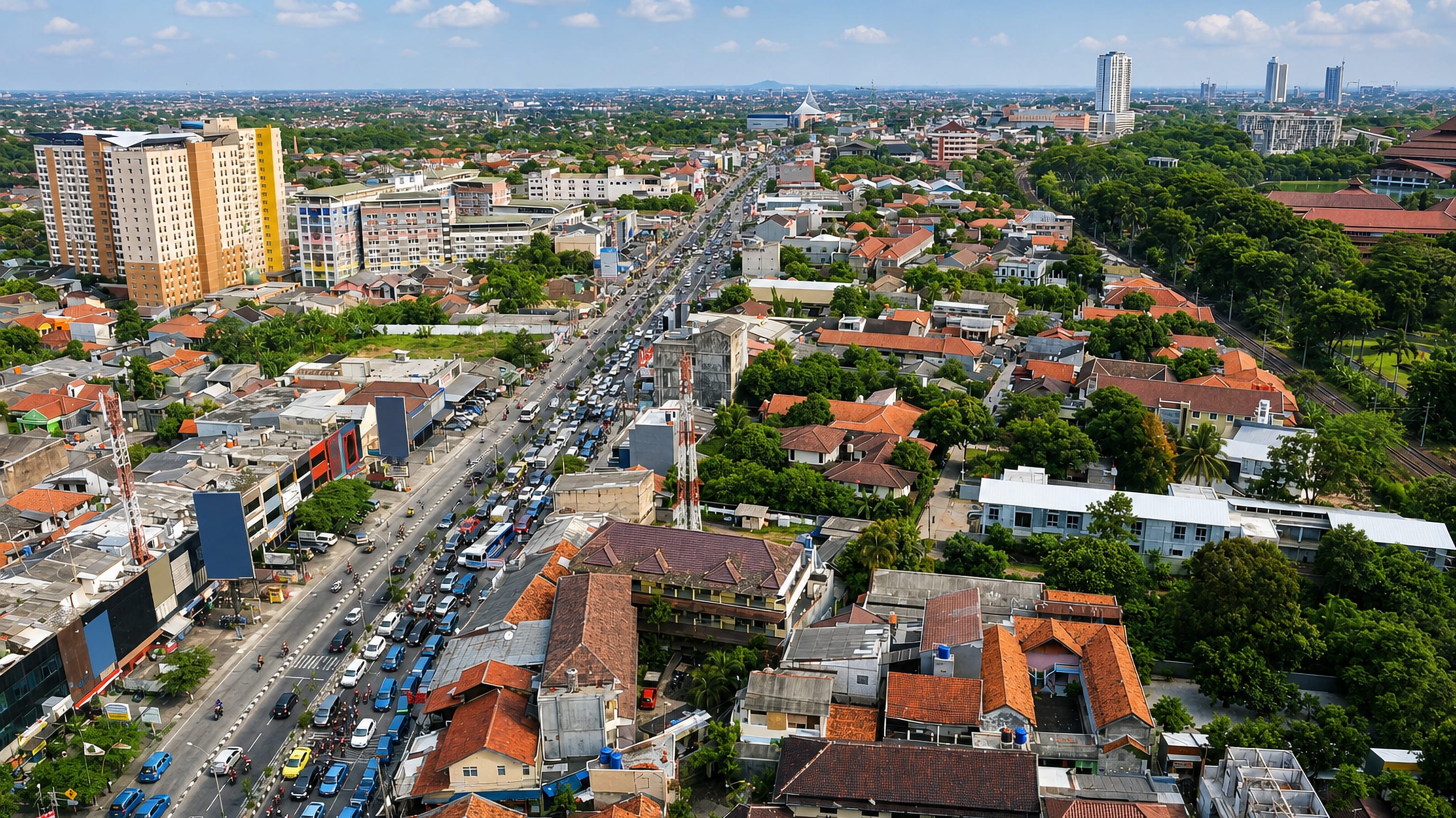 Traffic-filled main avenue lined with shops, apartment towers and red-roofed houses in Depok, West Java