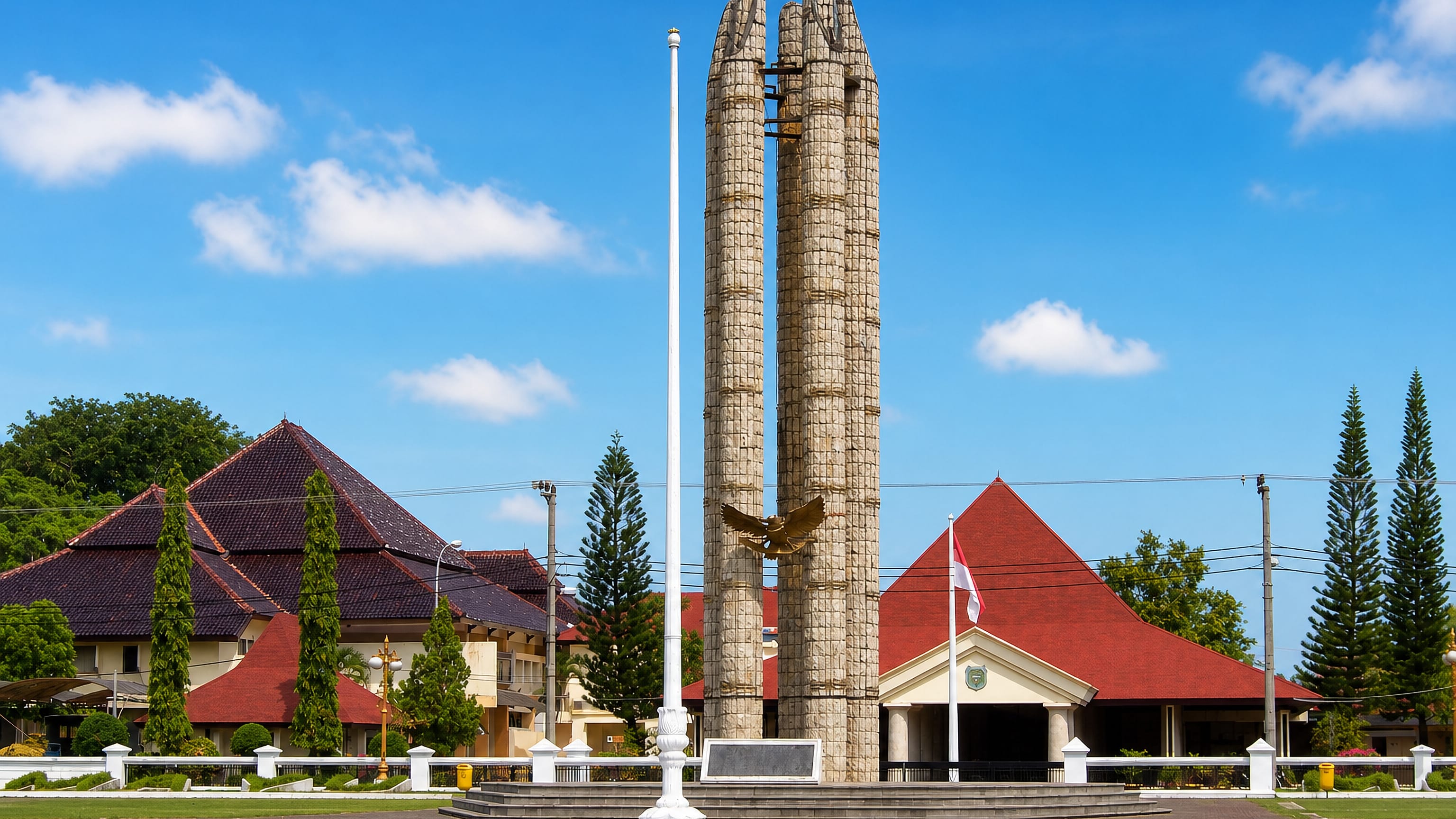 A tall civic monument with Garuda emblem before red-tiled joglo government buildings on Indramayu's main square