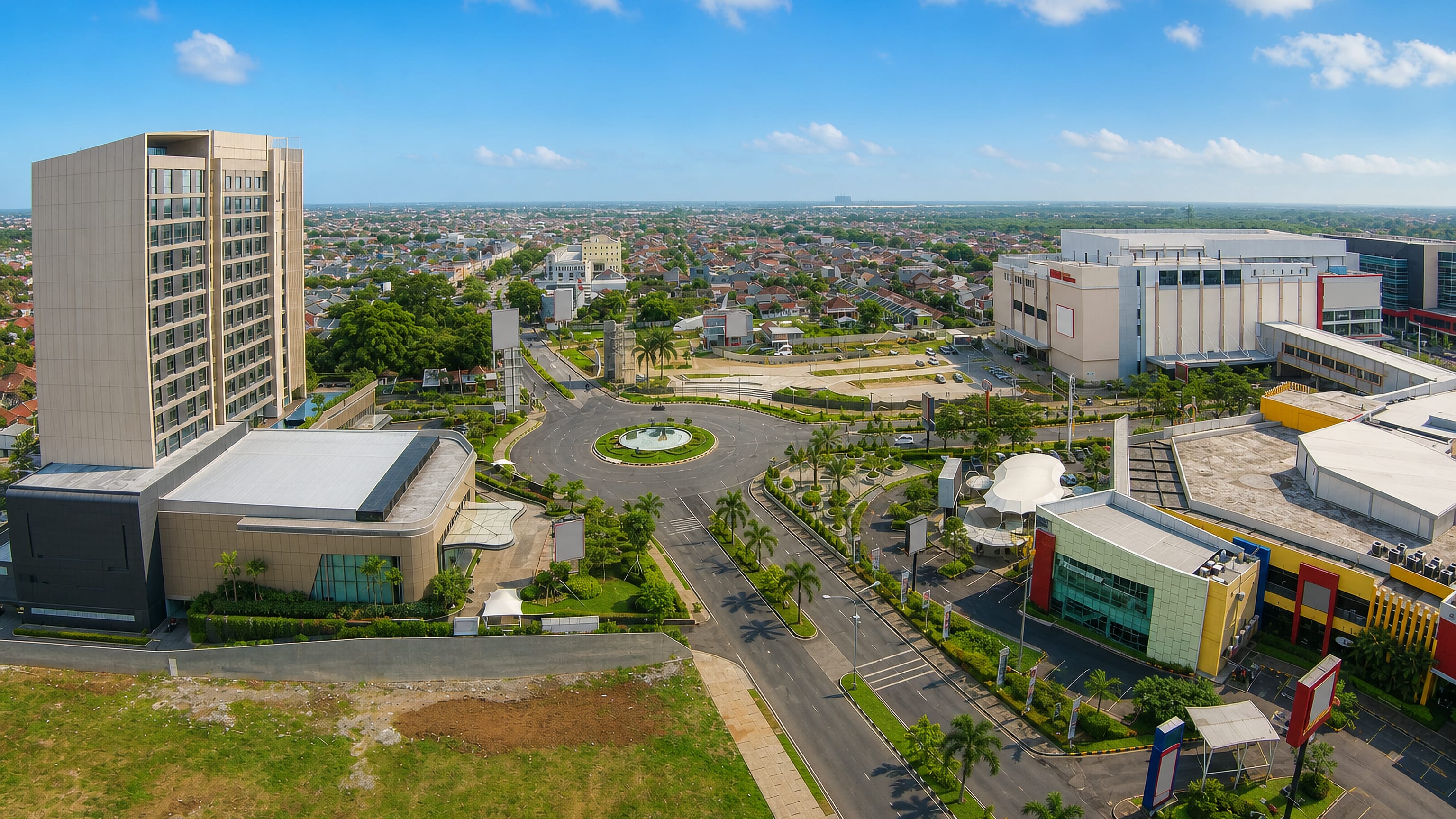 Aerial view of Karawang, West Java, with a fountain roundabout, shopping malls and a hotel tower