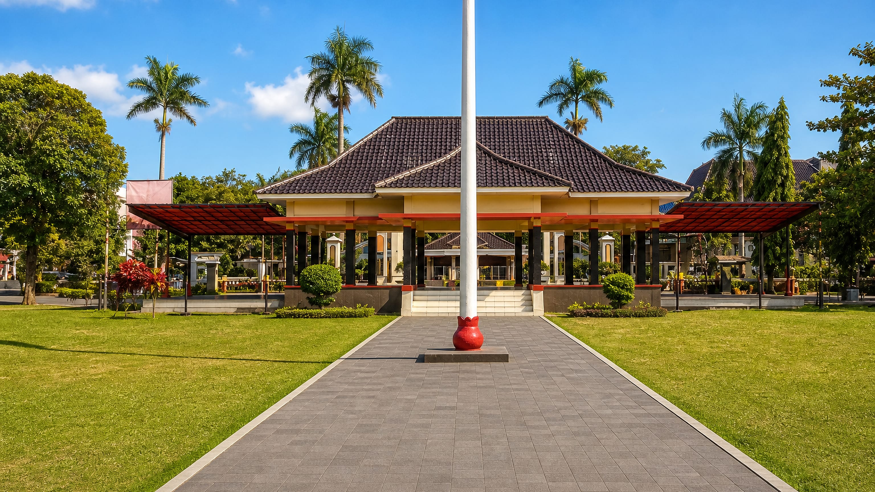 Open-sided pendopo civic pavilion with tiled roof, flagpole and lawn at the centre of Majalengka